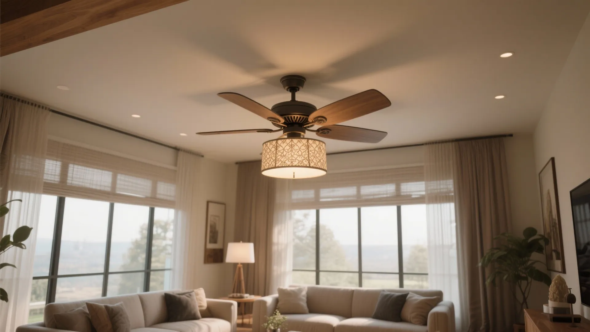 Modern ceiling light with wood fan blades in bright living room with white sofas and