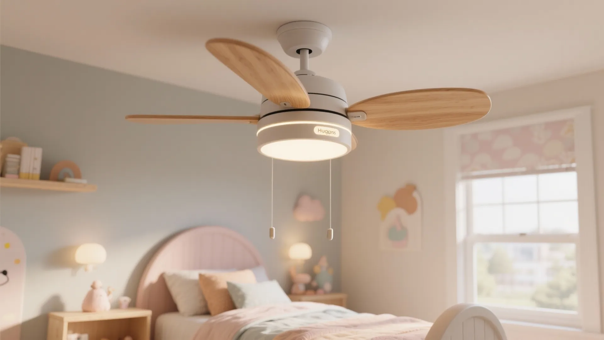 Ceiling fan with light and wooden blades installed in a cozy pink and blue bedroom