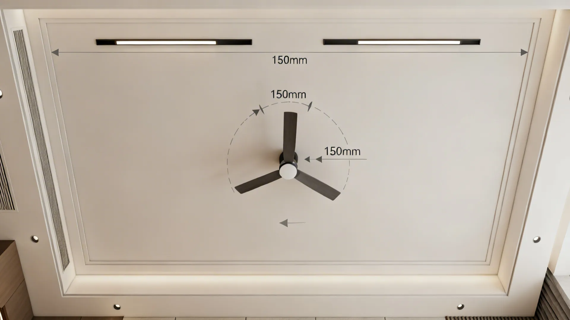 Top-down ceiling layout with fan blade sweep and linear slot lights placed safely outside the arc.