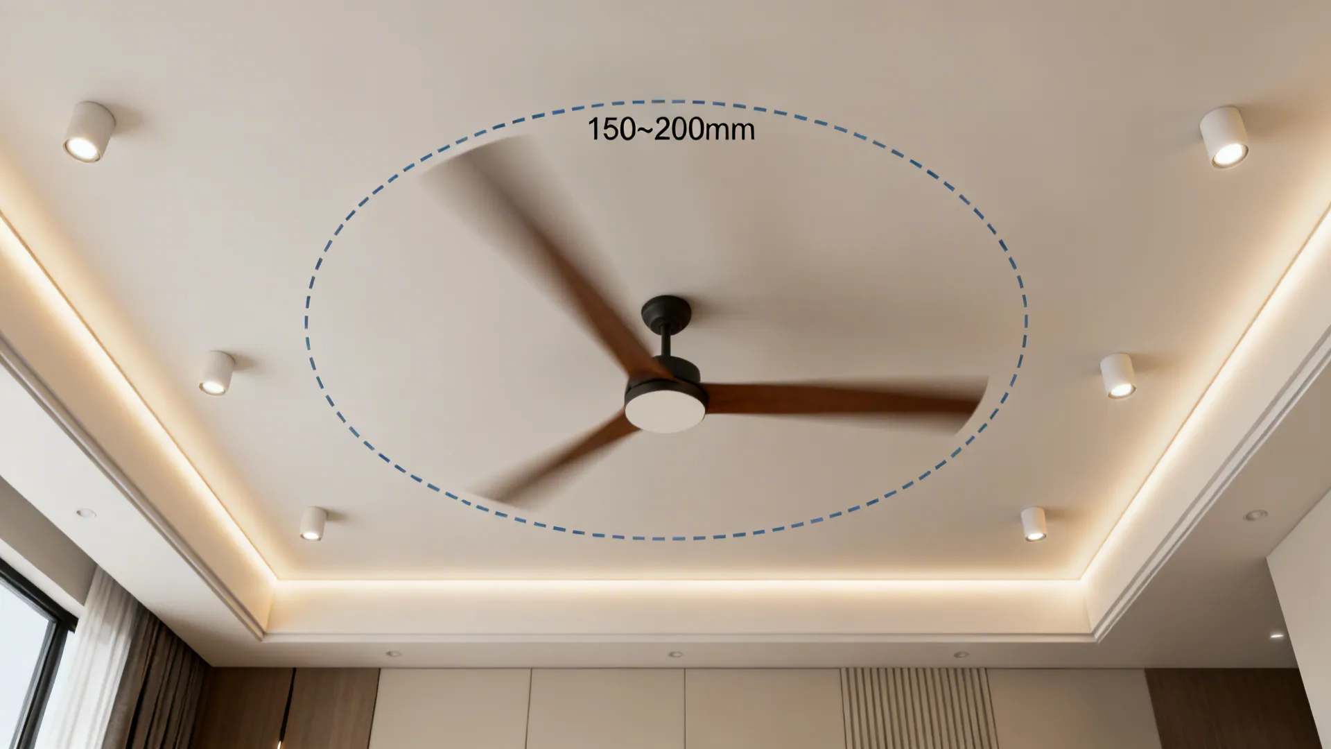 Top view of ceiling showing fan sweep and downlights placed safely outside the buffer zone.