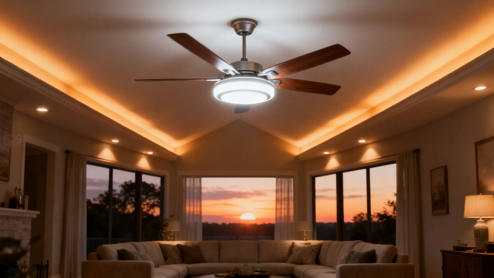 Ceiling fan with integrated dimmable LED and uplighting creating layered mood in a tall living room.