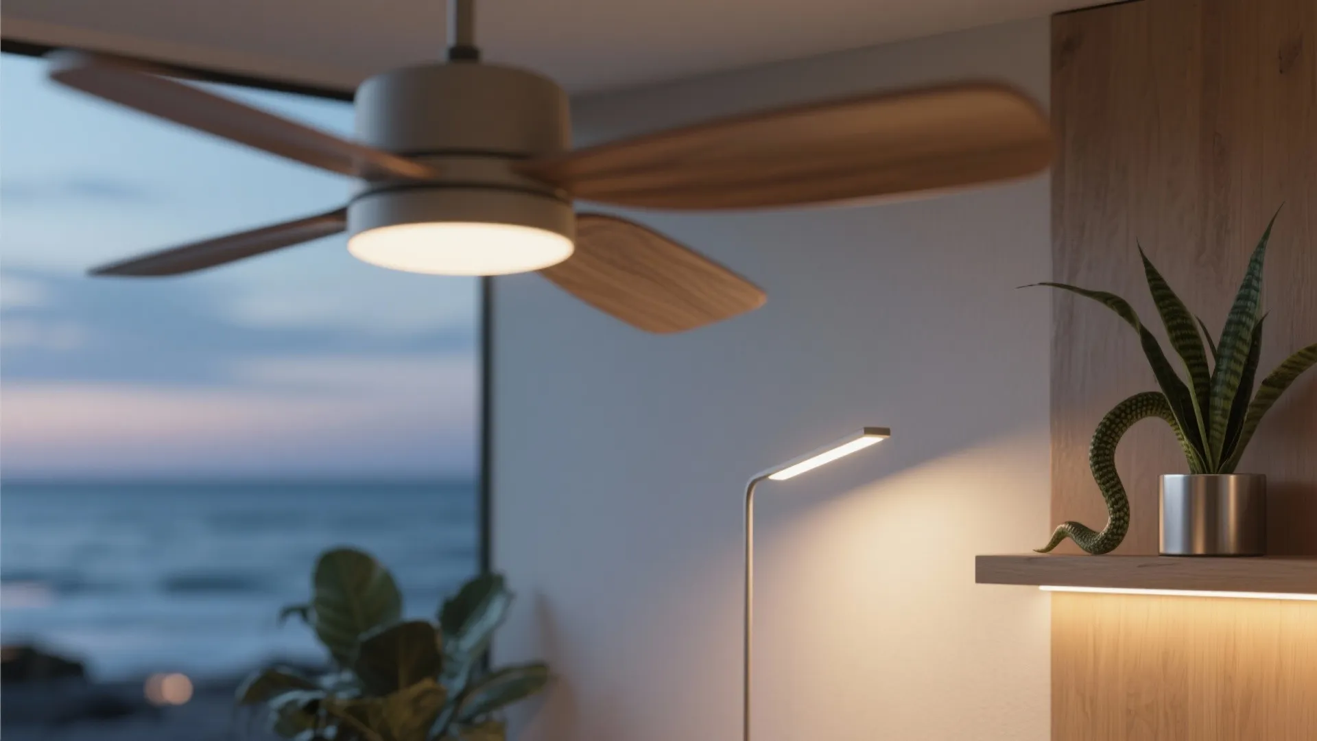 Ceiling fans, plants, and subtle lighting zones
