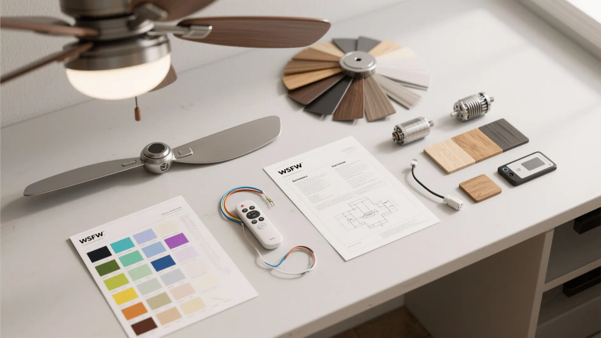Flatlay of fan blade samples, wiring diagram, remote control, and color swatches for planning installations.