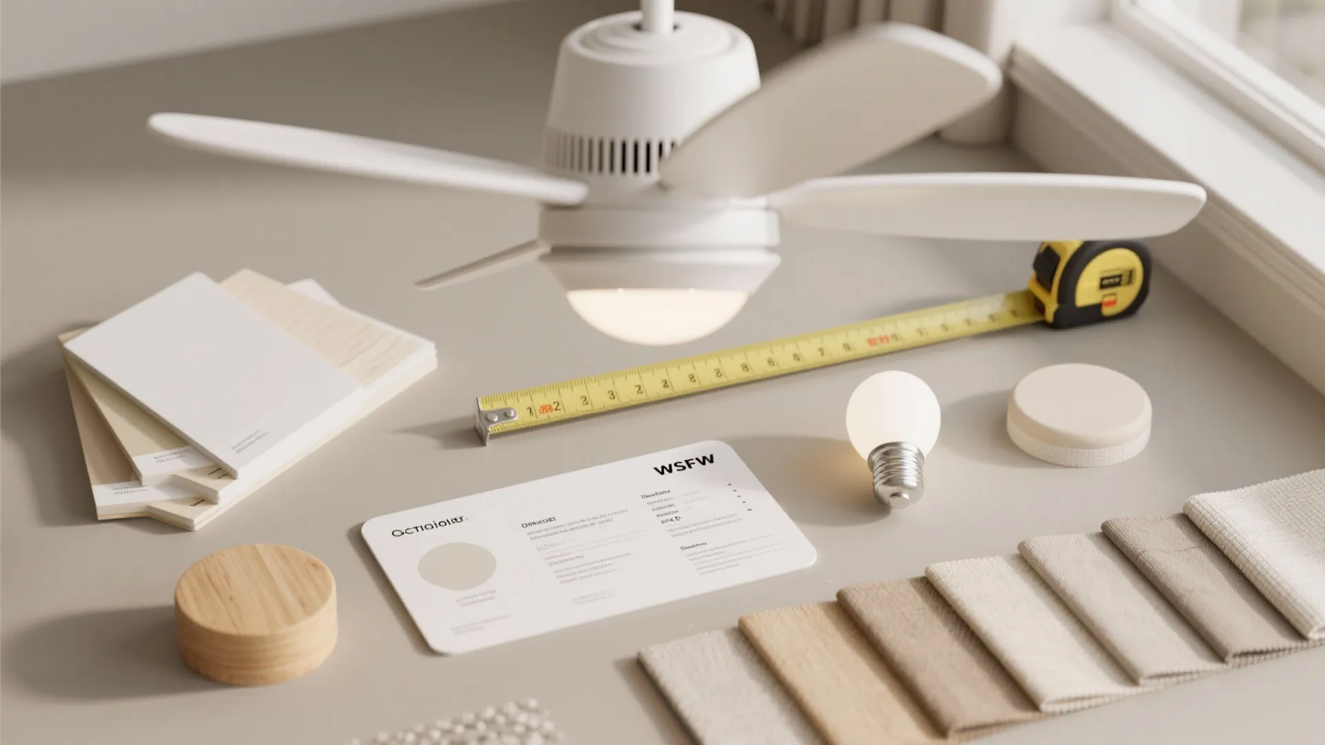 Interior design flat lay featuring fan parts tape measure light bulb fabric samples and palettes