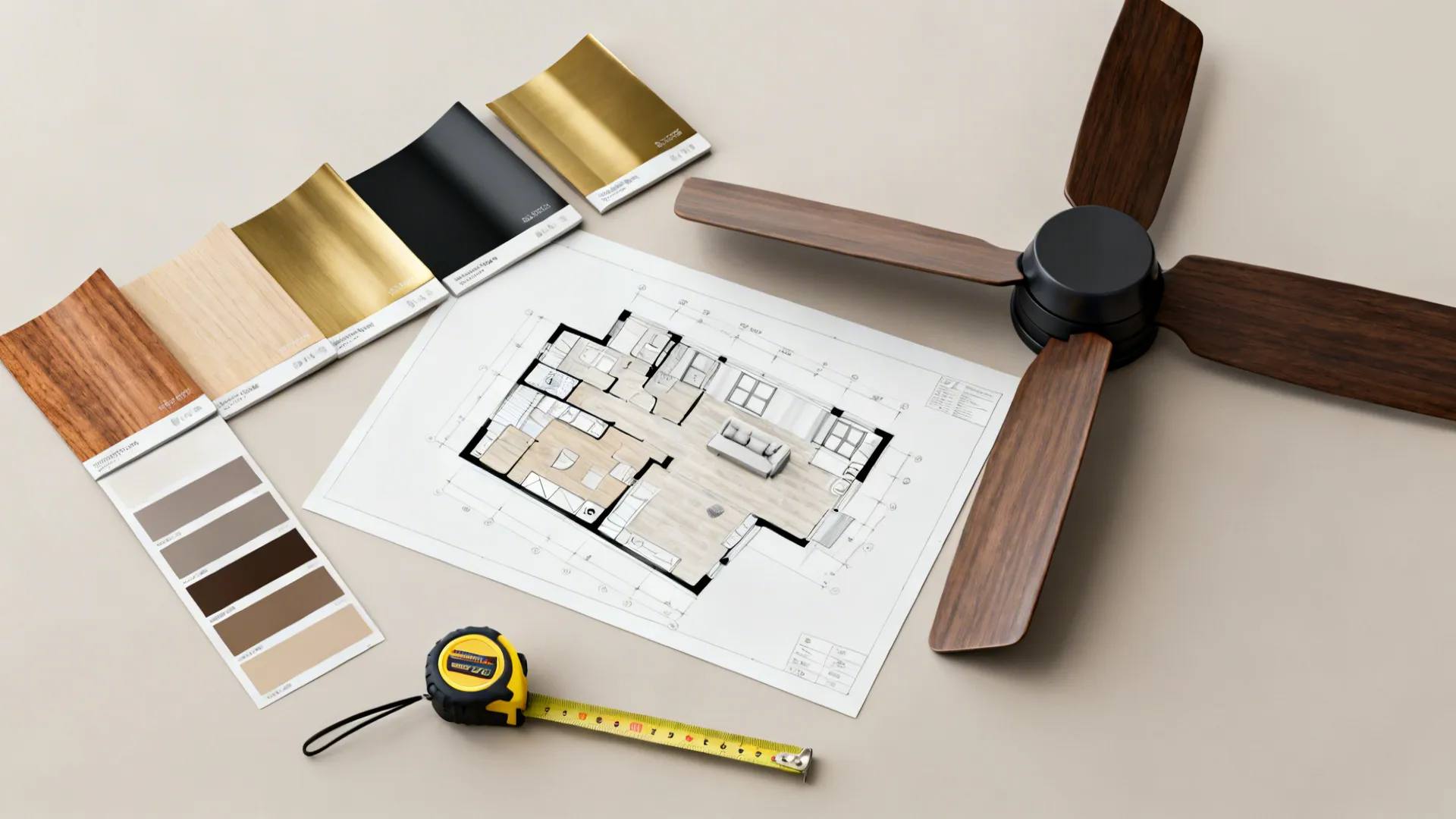 Interior design drawing with color samples wooden fan blades and a yellow measuring tape on desk