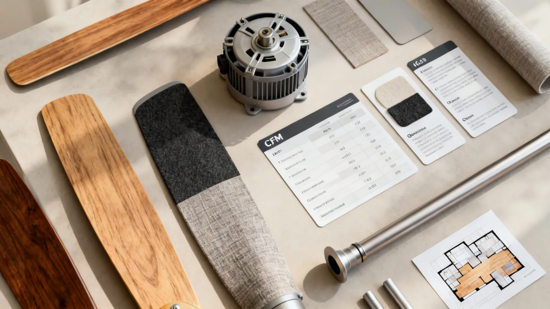 Flatlay of fan blade samples, motor housing, downrods and CFM spec cards for comparing ceiling fan options.