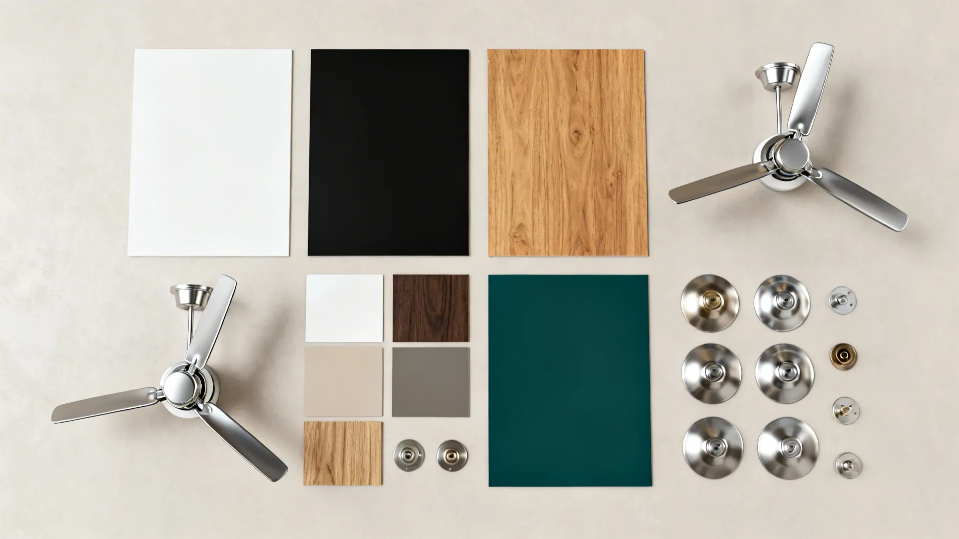 Top-down flatlay of ceiling fan color and finish swatches including white, black, oak, nickel, and teal