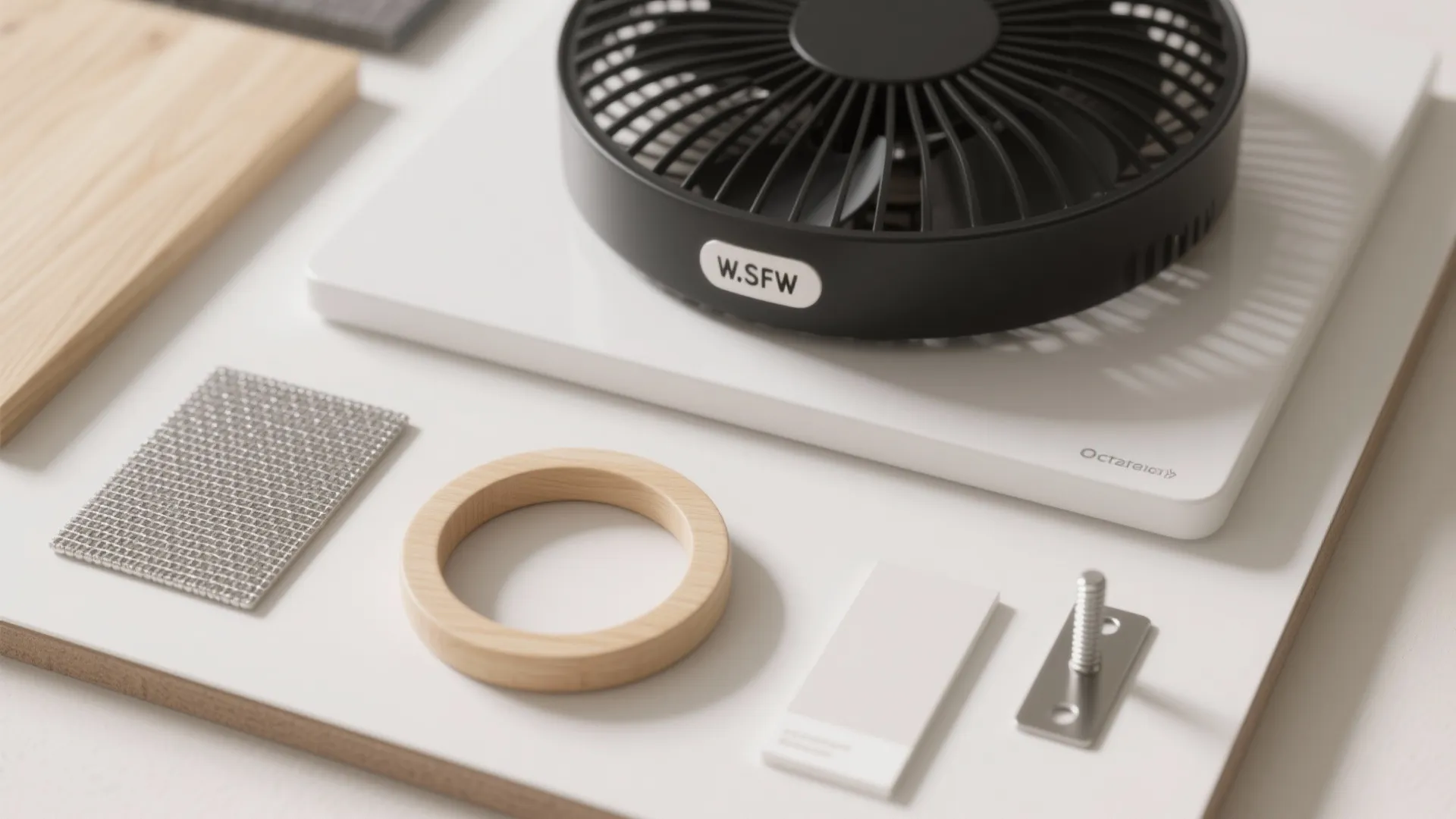 Top view of fan parts including black fan cover wood ring metal mesh and white board