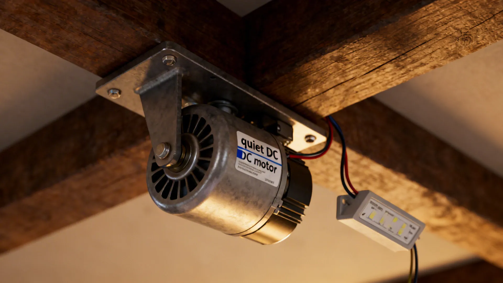 Close-up of a quiet DC fan motor and mounting hardware with an LED driver module.