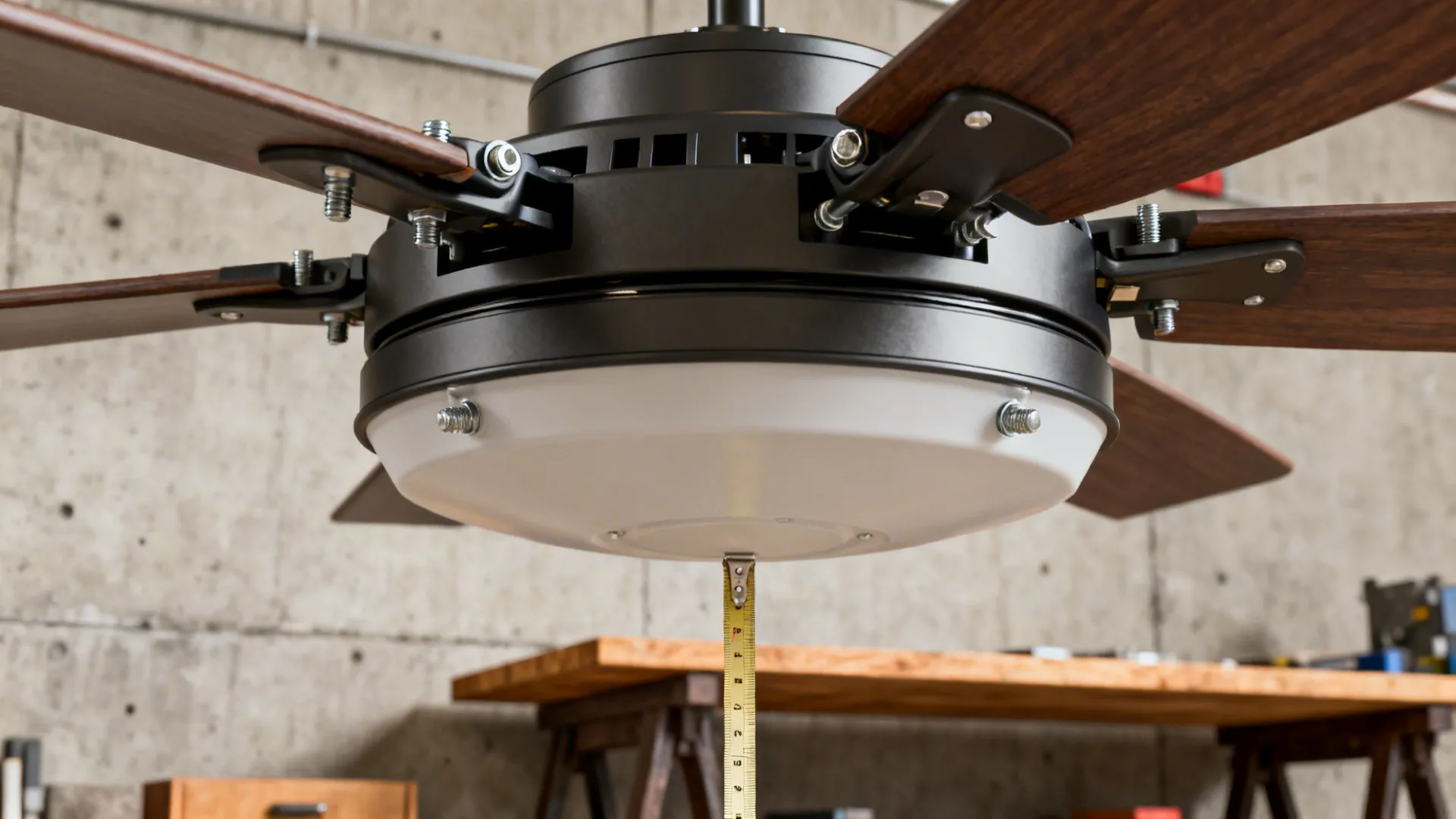 Close-up of ceiling fan canopy and mounting hardware showing secure installation and clearance measuring
