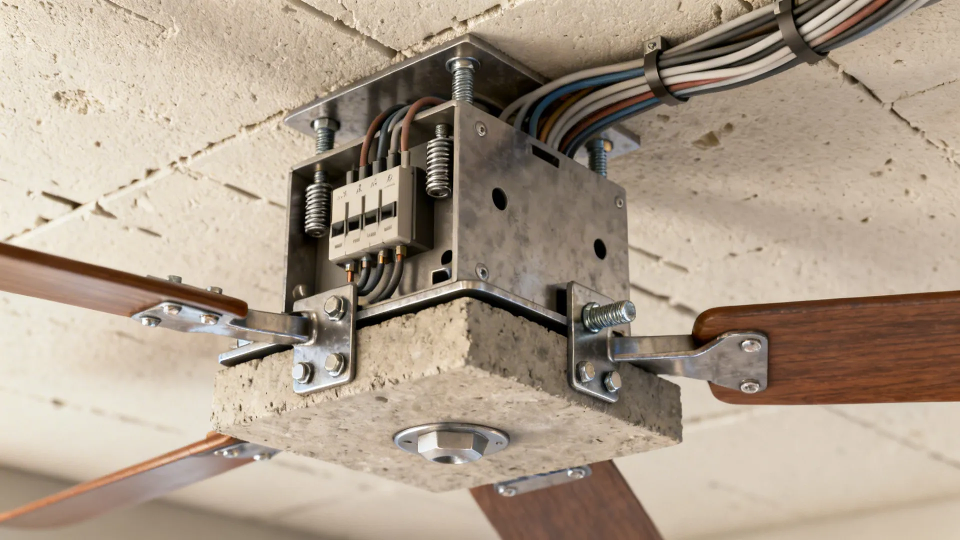 Close-up of a fan-rated junction box and secure bracket anchored to structure above a gypsum ceiling.