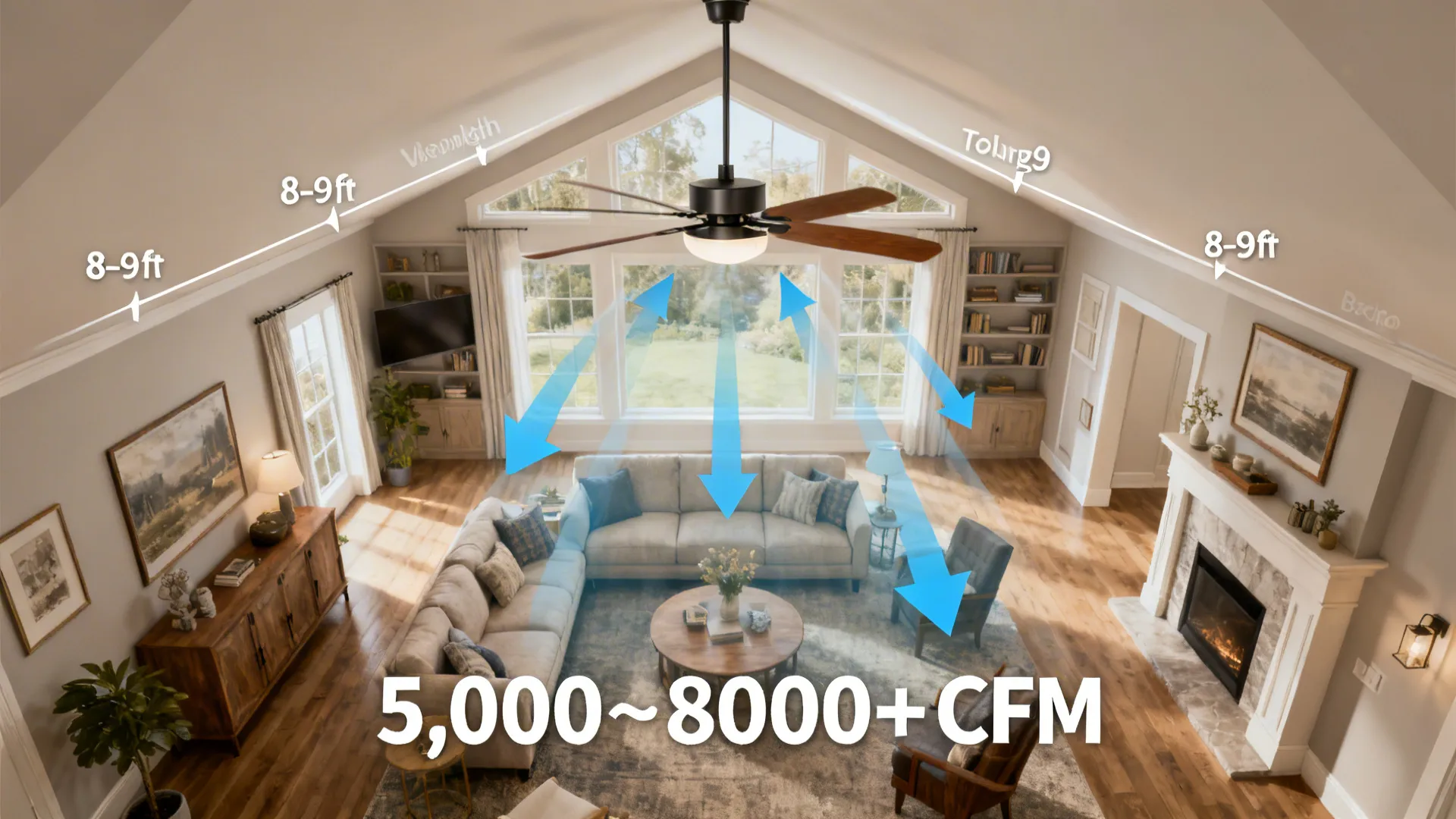Top-down interior diagram showing fan mounting heights, downrod suggestions, and airflow coverage for large living rooms.