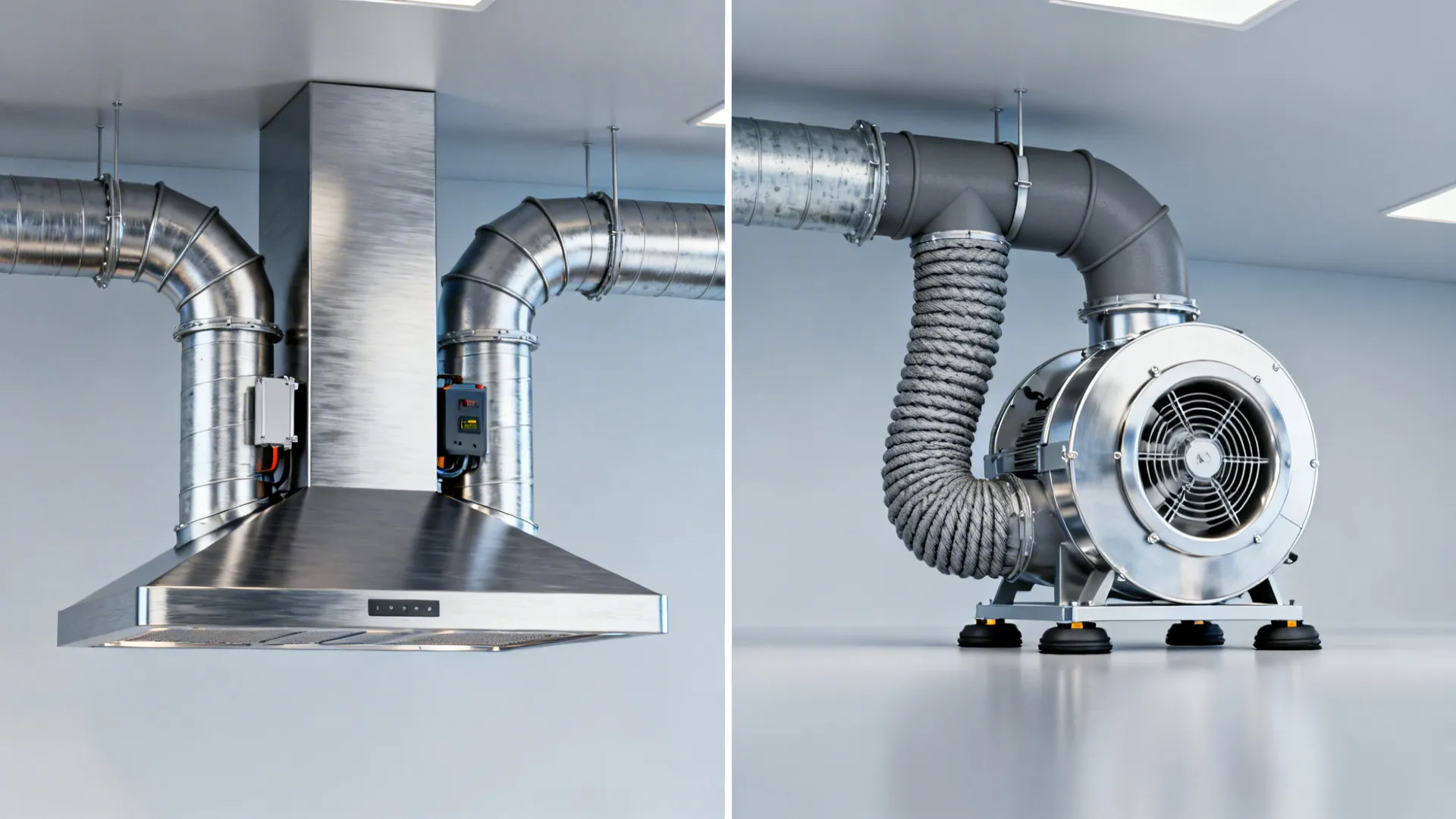 Before-and-after of hood ducting and fan showing noisy layout versus isolated smooth design.