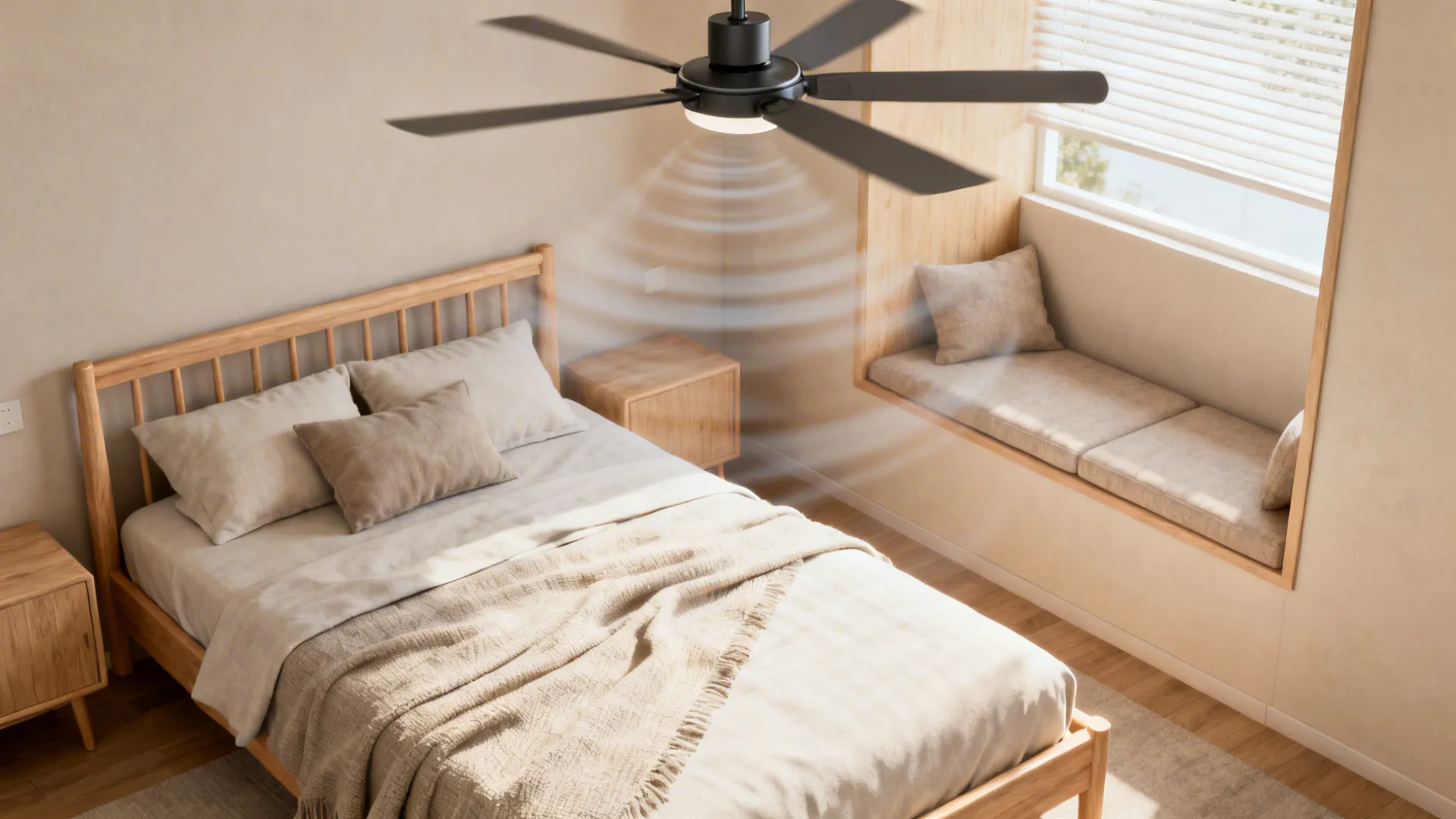 Compact ceiling fan centered above a single bed showing how fan diameter matches furniture layout.