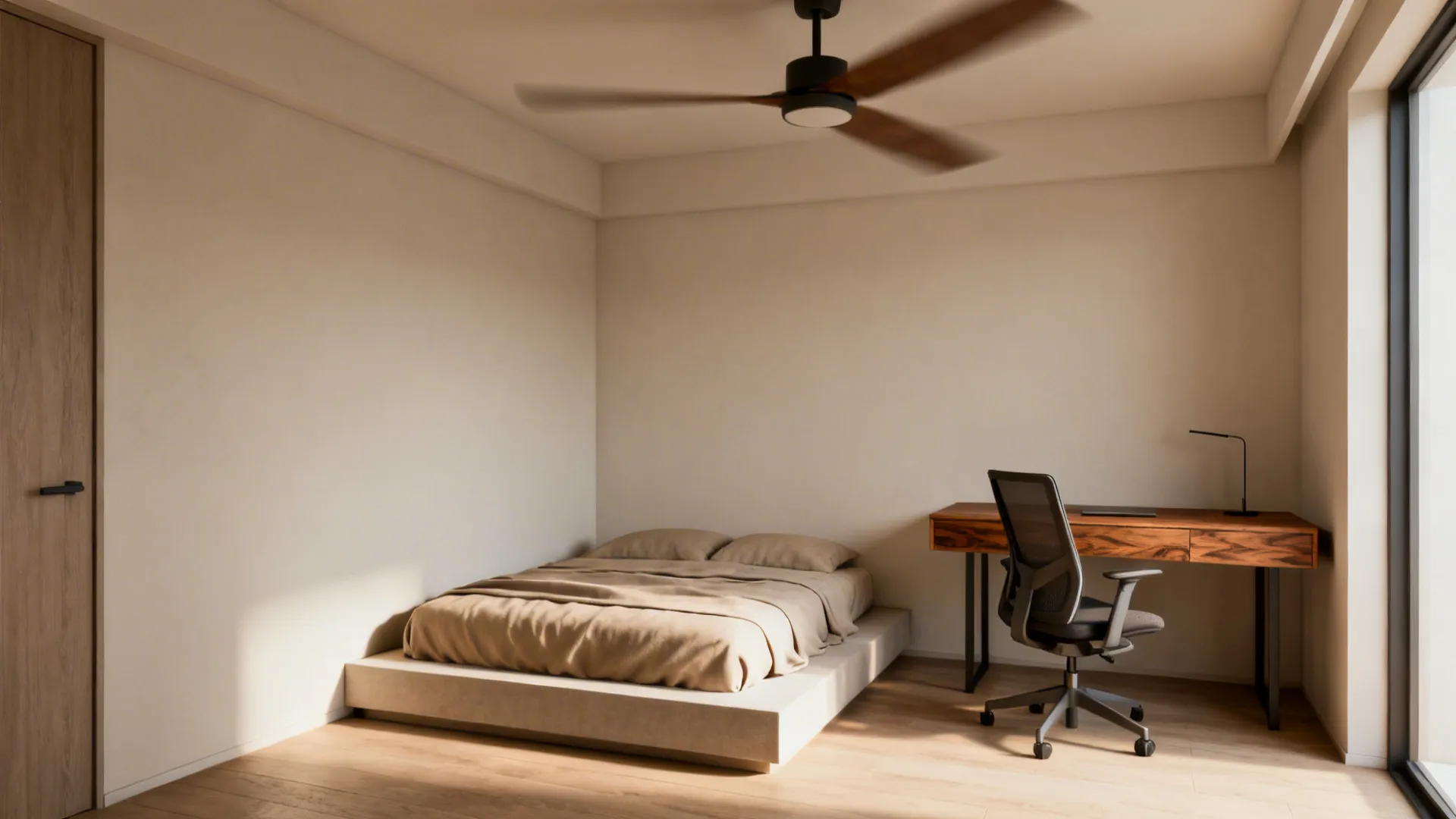 Modern bedroom with a low platform bed wooden desk black office chair and wooden ceiling fan