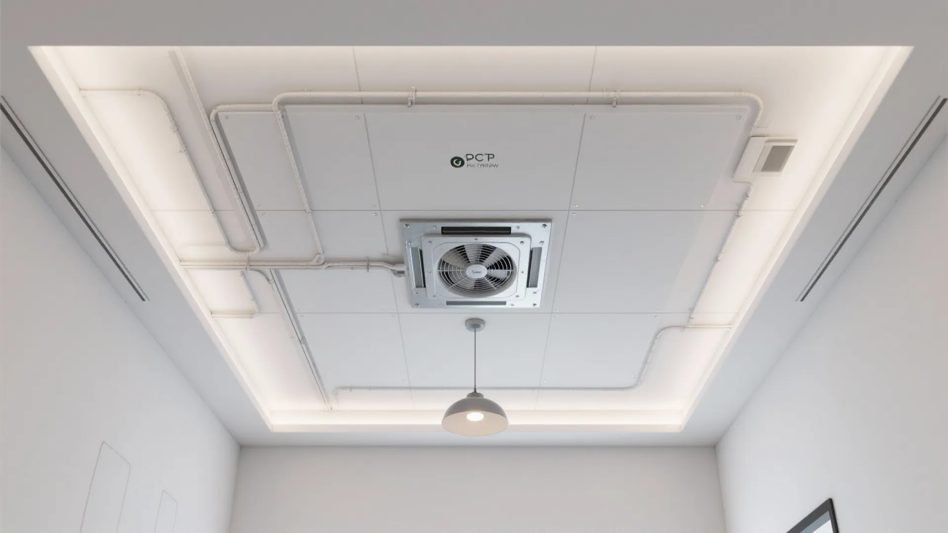 White ceiling showing a ventilation fan grey ceiling light fixture and hidden warm strip lights