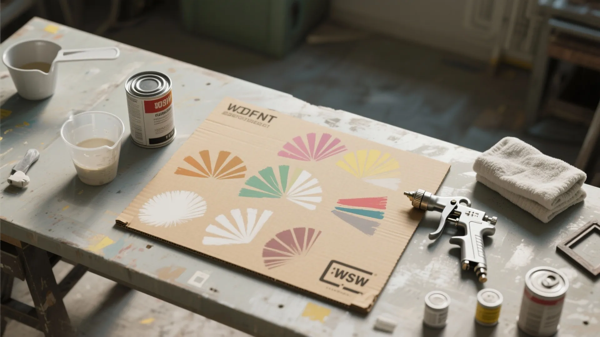 Cardboard showing colorful fan spray patterns next to a metal spray gun and paint cans