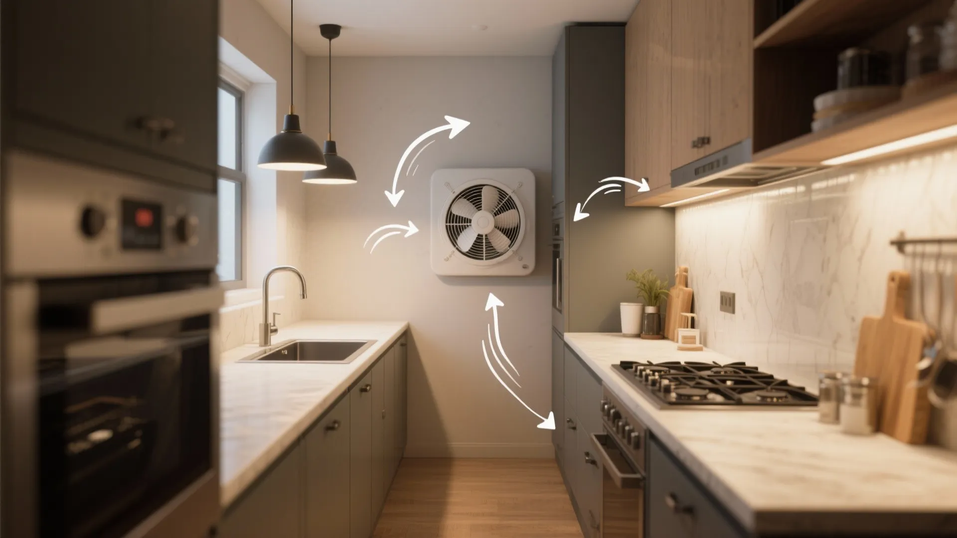 Galley kitchen illustrating optimal fan placement for circulation between sink and cooktop
