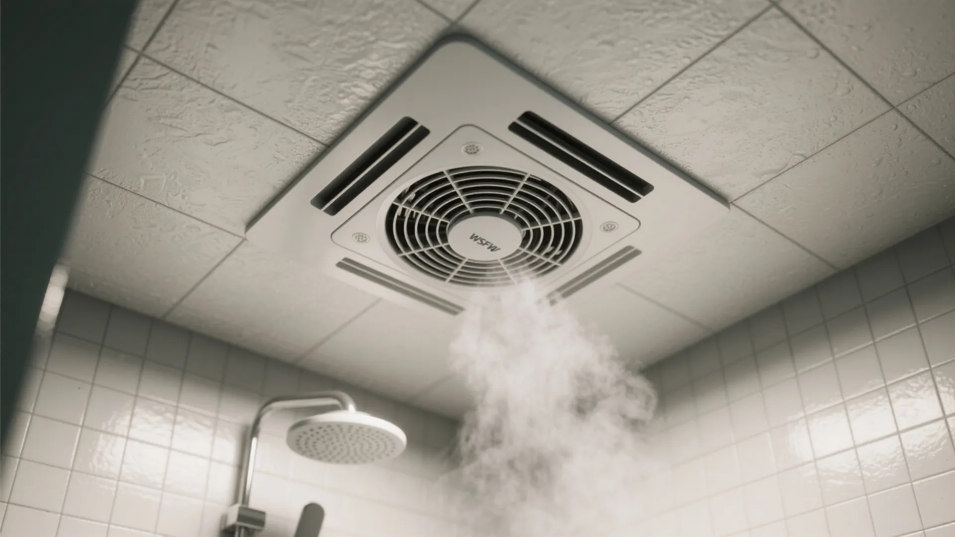 Modern white bathroom ceiling exhaust fan with steam and a shower head in the background