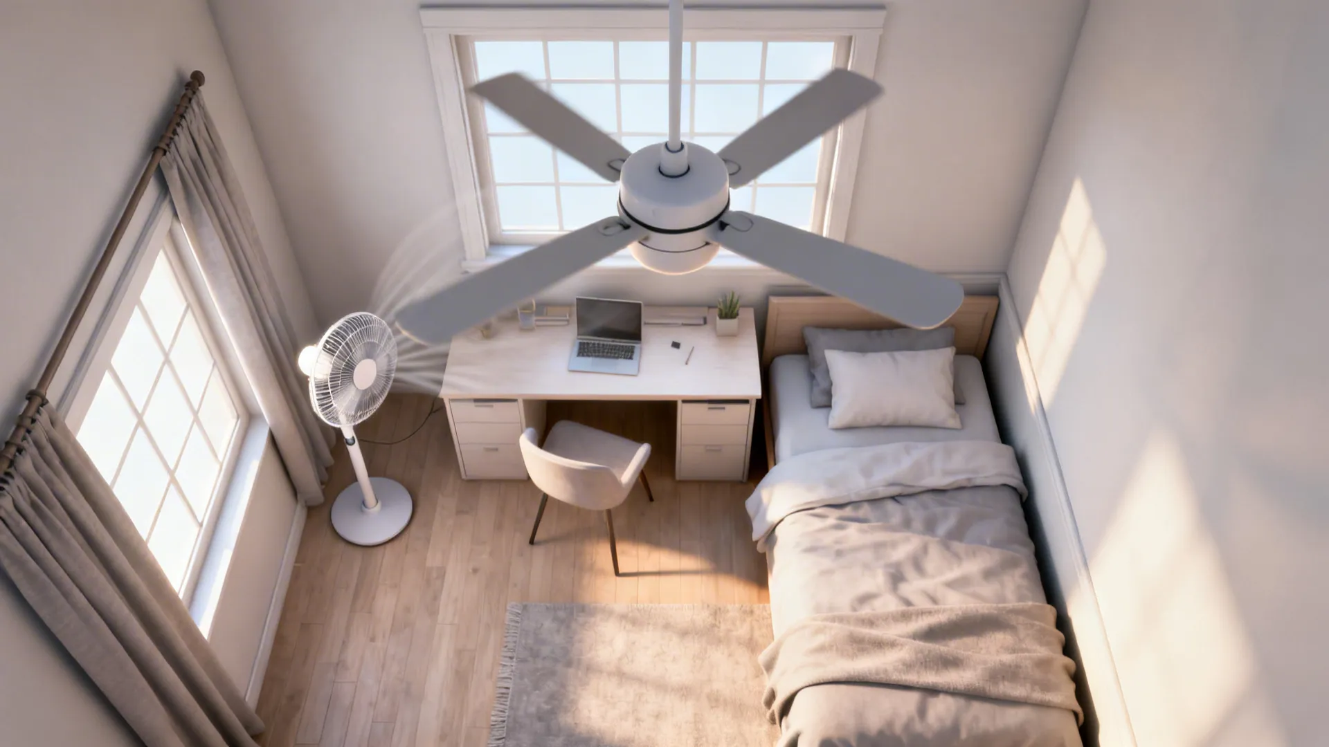 Top-down room layouts showing centered and offset ceiling fan placements and a paired standing fan for cross-breeze.