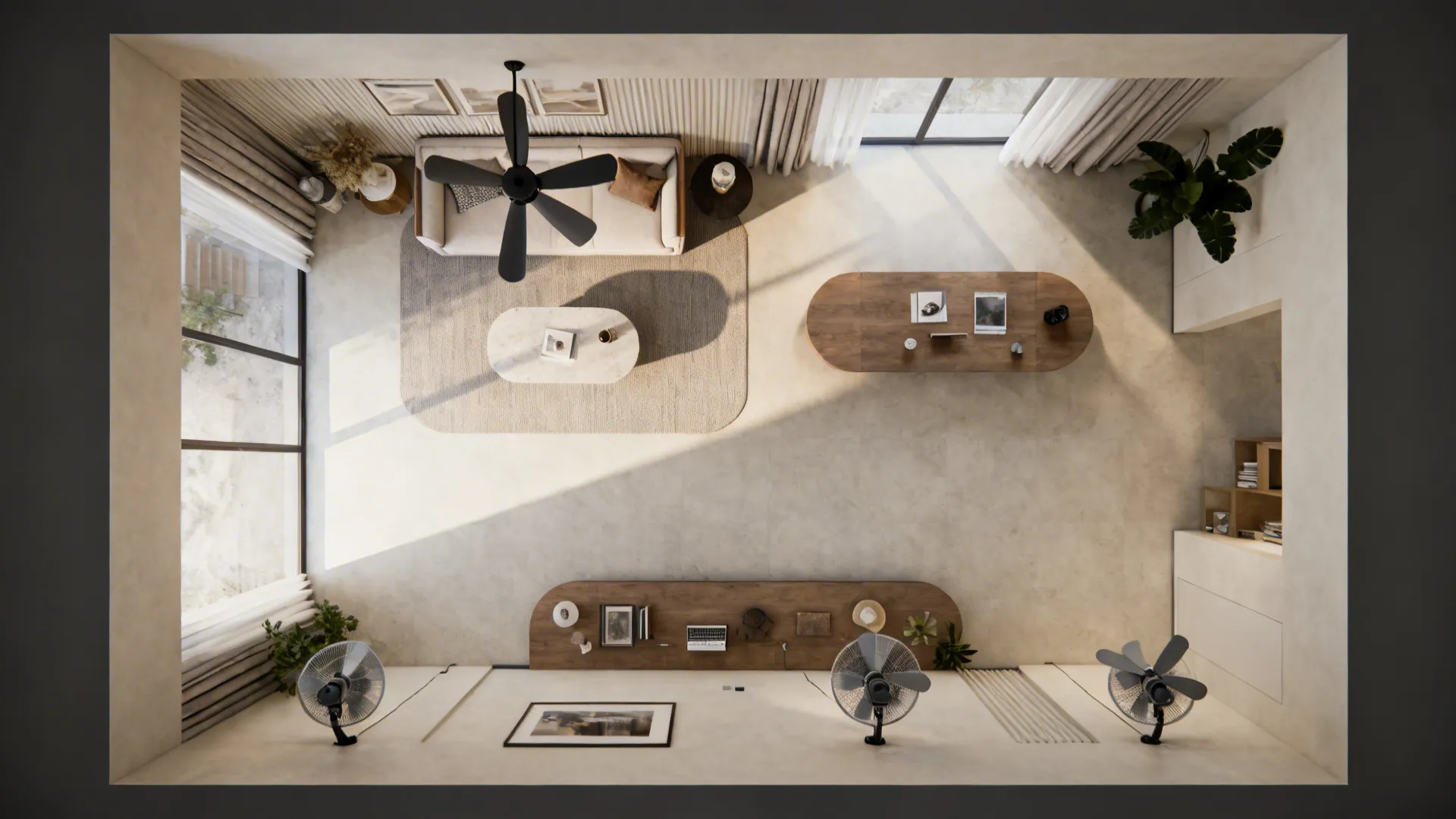 Top-down layout showing single vs. dual fan placement for different living room shapes