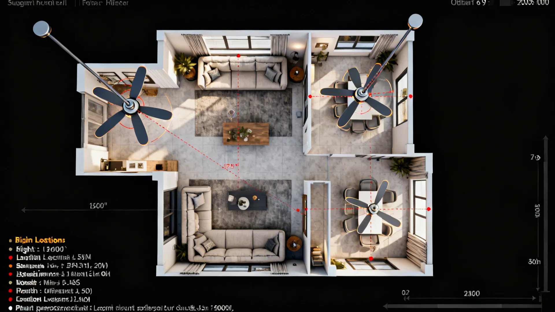 Top-down 3D planner mockup showing fan placement, downrod measurements, and sightlines in a living room.
