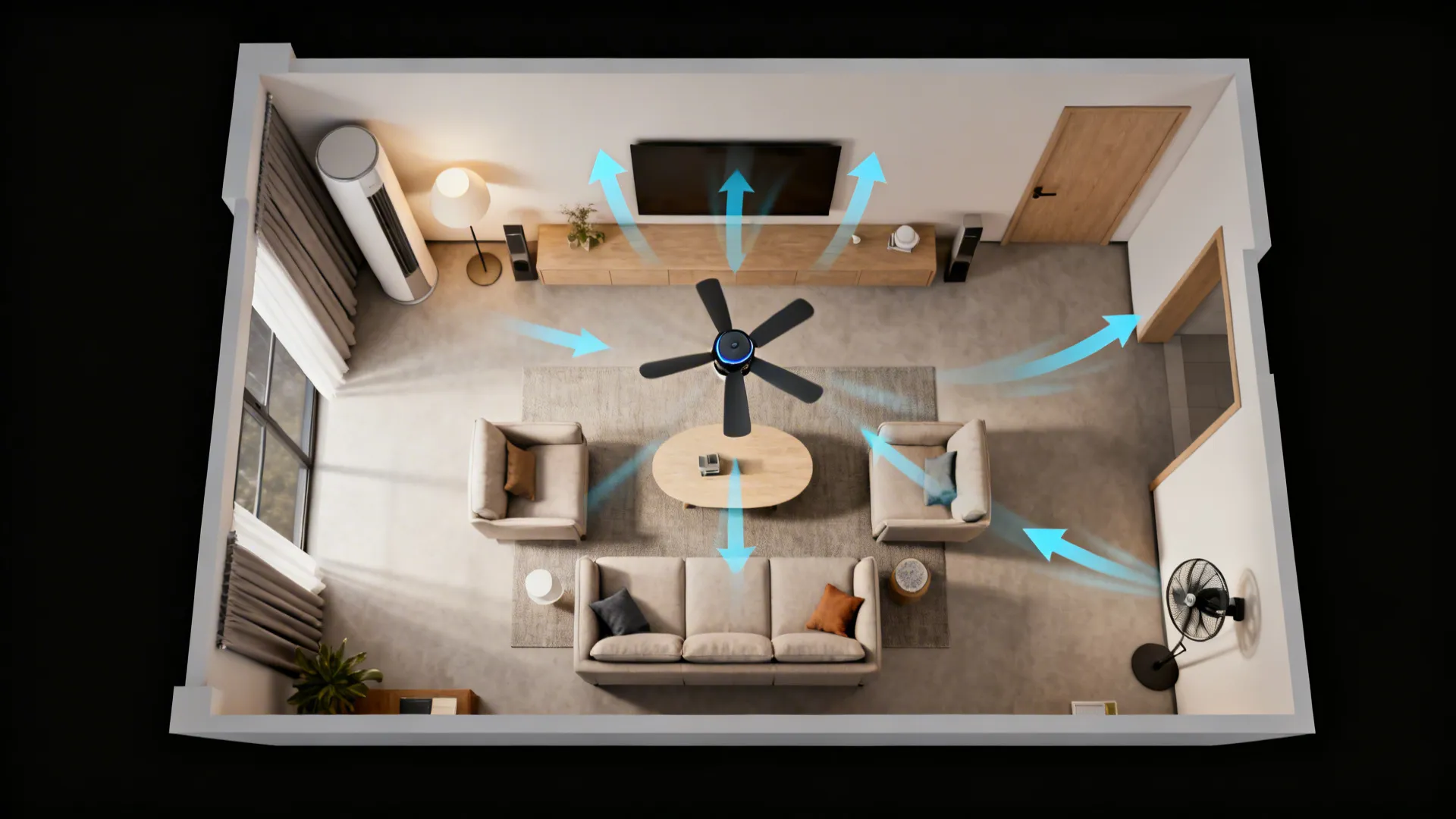 Top-down layout of a small living room showing fan placement and airflow patterns for effective circulation.
