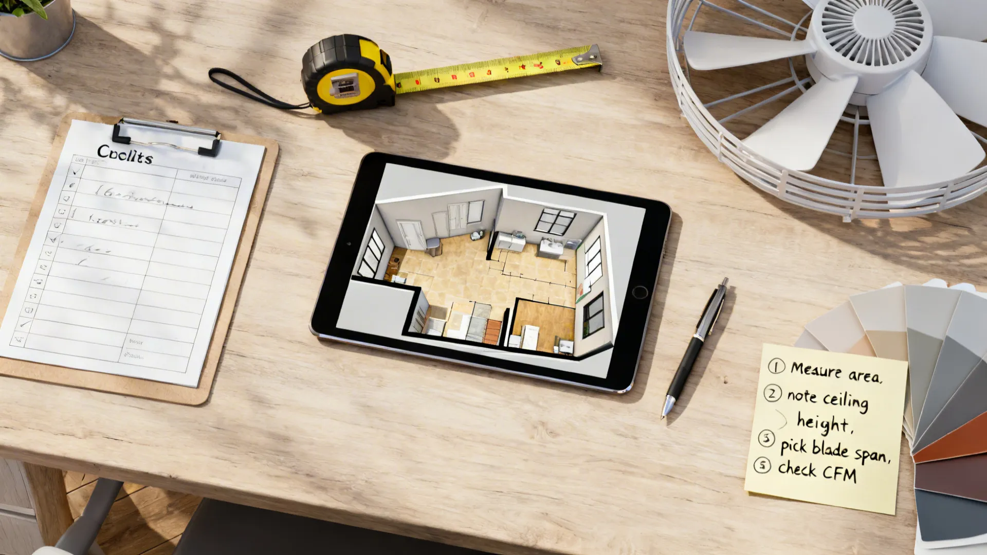 Designer desk flatlay with checklist, tape measure and tablet showing a 3D floor planner for fan placement.