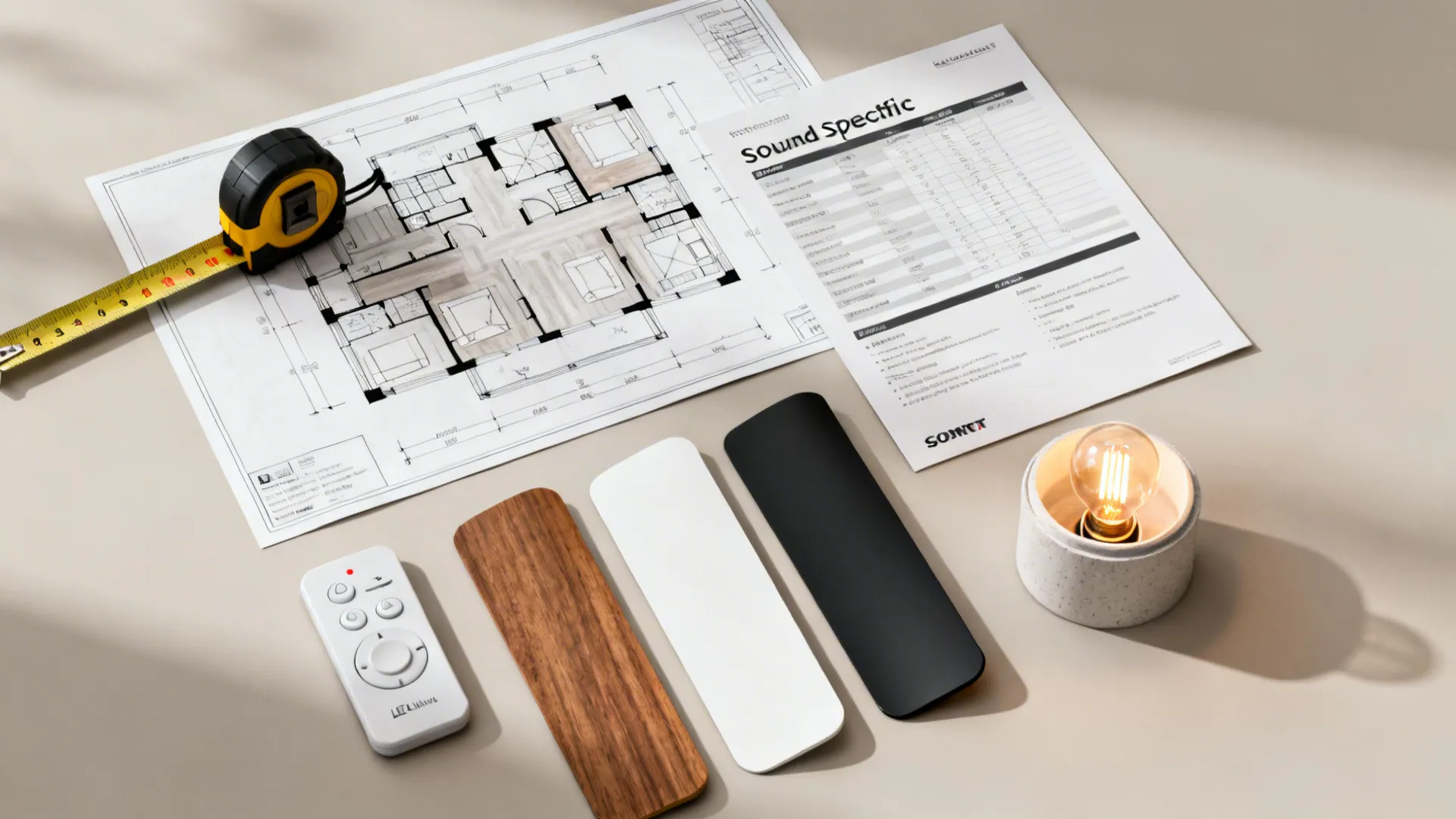 Flatlay of planning tools and material samples for selecting a ceiling fan for a small room.