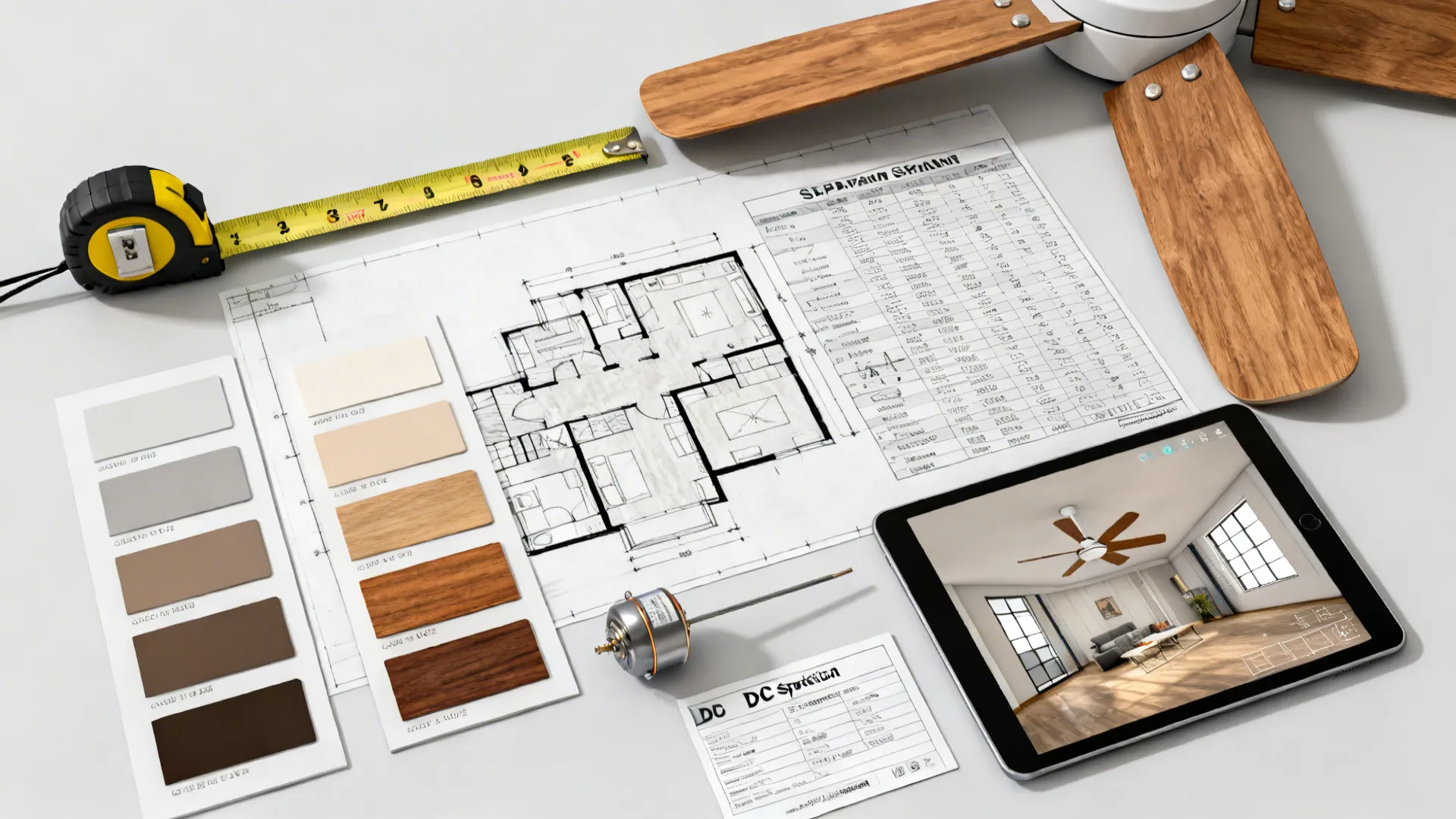 Flatlay of tools for planning ceiling fan placement and size