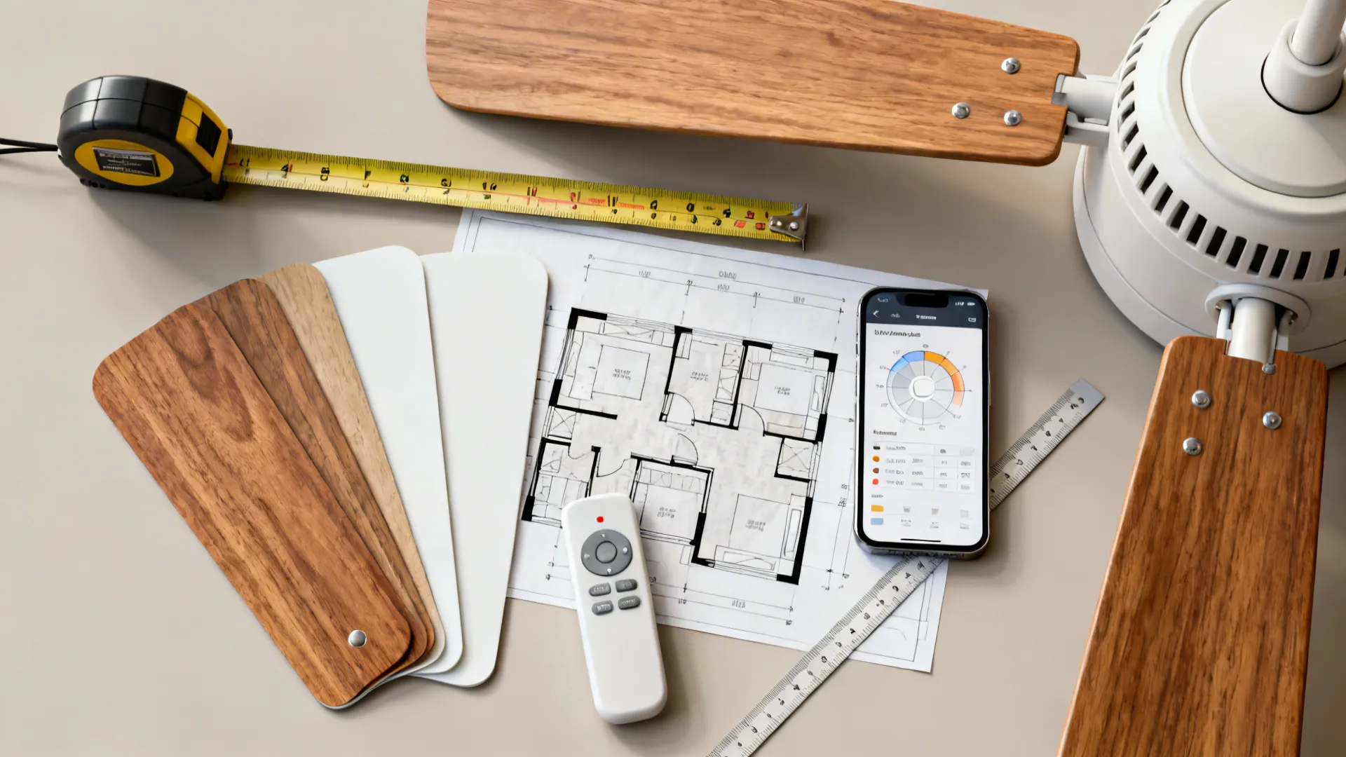 Ceiling fan layout planning with house floor plan, tape measure, wood samples, and mobile app