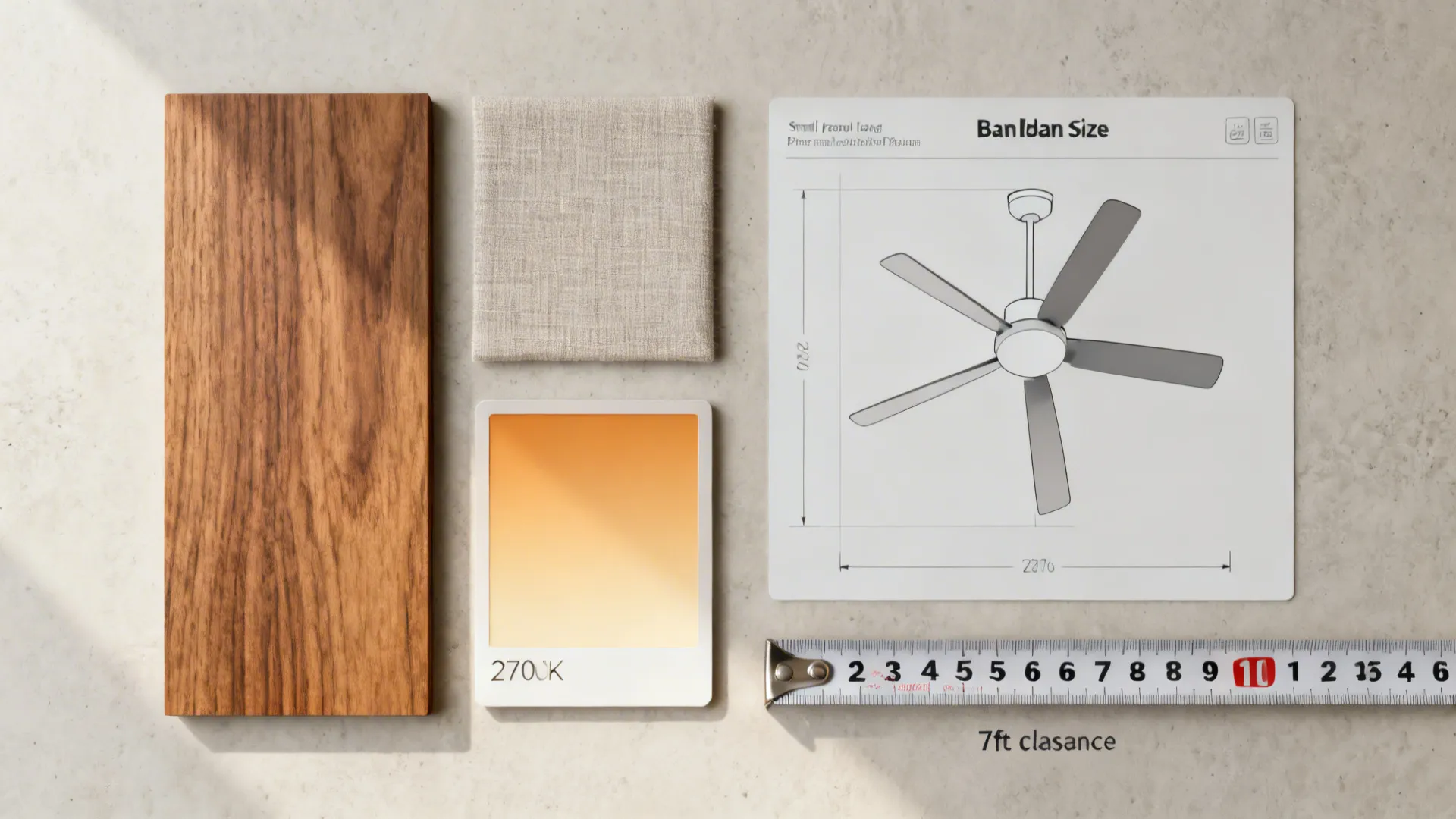 Flatlay of material swatches, LED color chip, and measuring tape for planning ceiling fan placement in small rooms