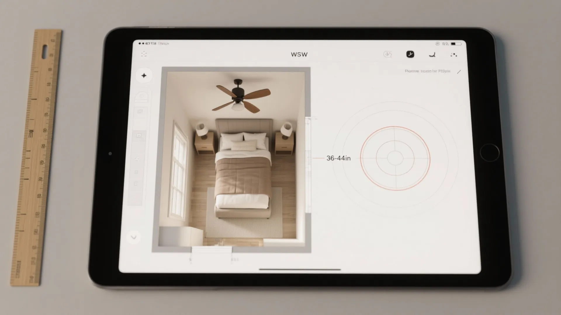 Tablet displaying a top down bedroom room layout with ceiling fan and circular measurement tools