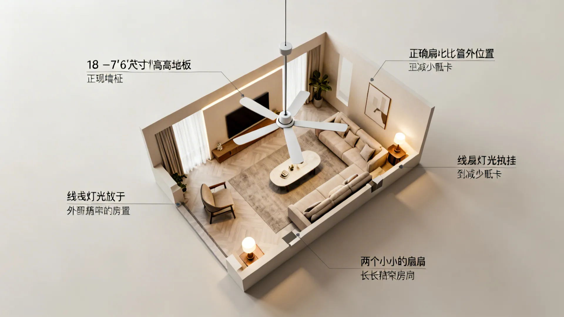 Top-down living room plan showing fan clearances, blade-to-wall distances, and lighting outside the fan sweep.