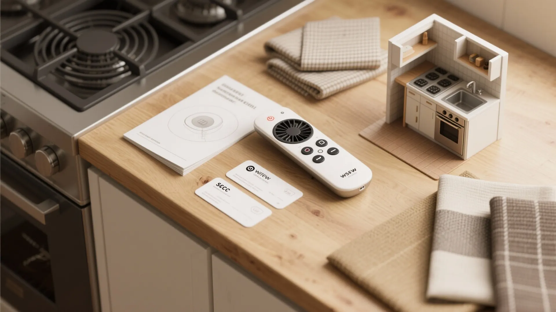 Flatlay of a ceiling fan remote, manuals, and layout materials for kitchen planning