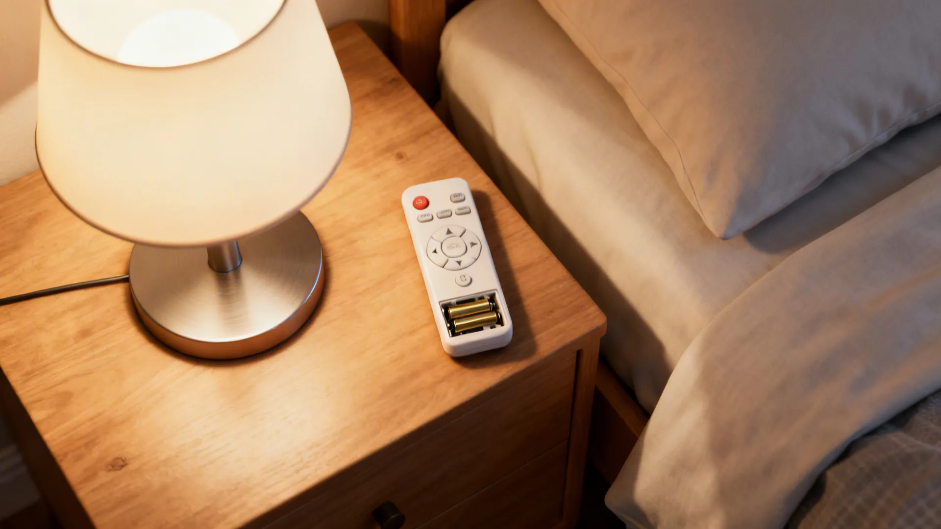 Flatlay of a ceiling fan remote with dimmer controls beside a bedside lamp sketch