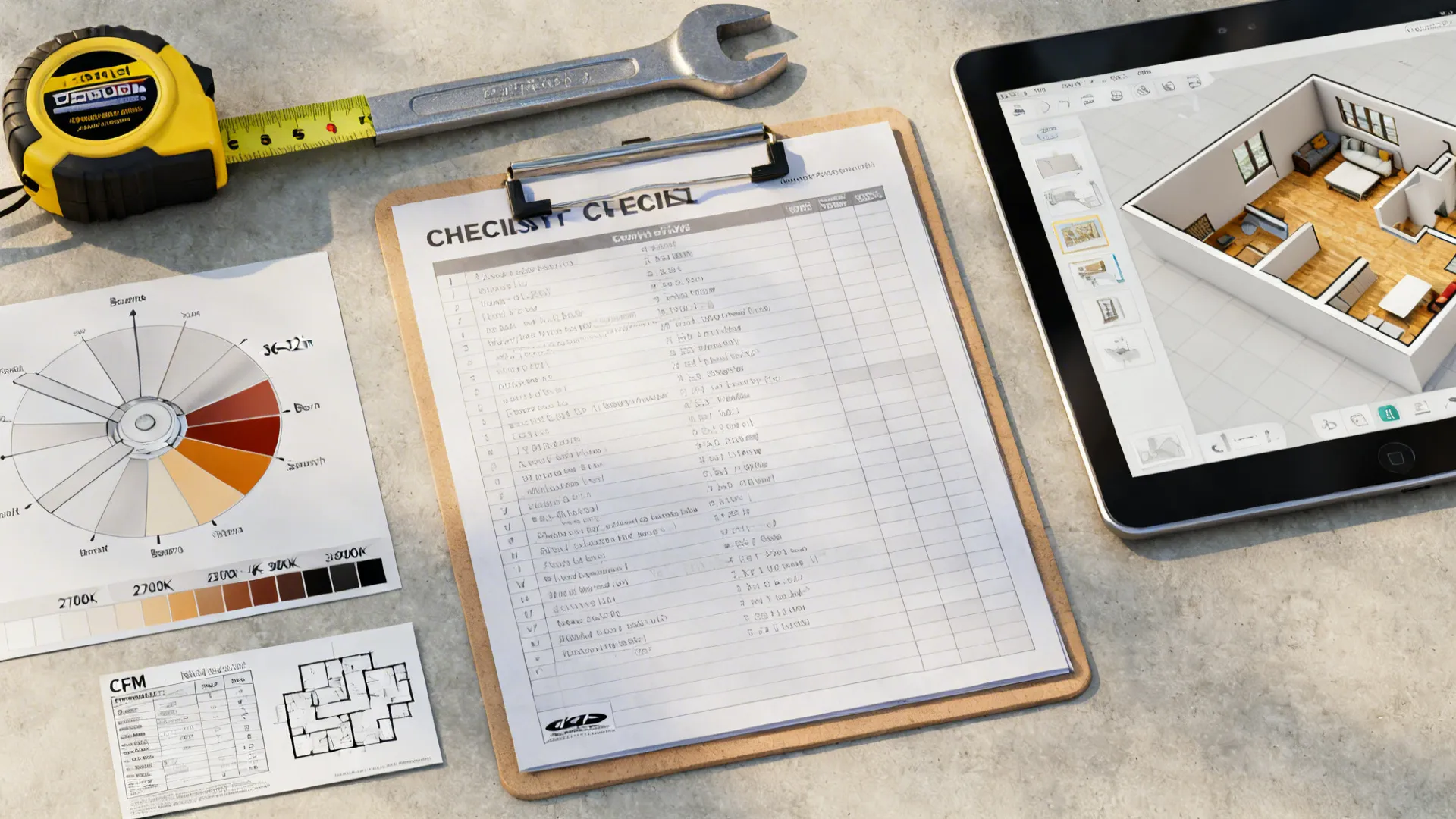 Flatlay of checklist items: tape measure, blade span diagrams, color temperature swatches, and a 3D floor planner on tablet