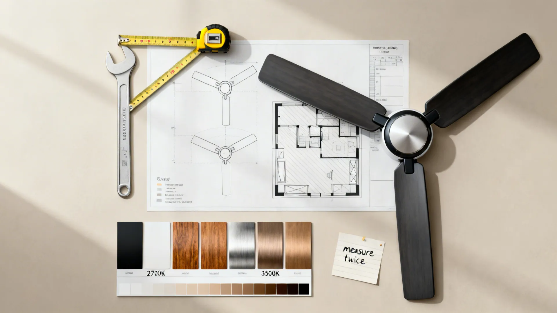 Ceiling fan parts with tools floor plan drawing color samples and a small sticky note