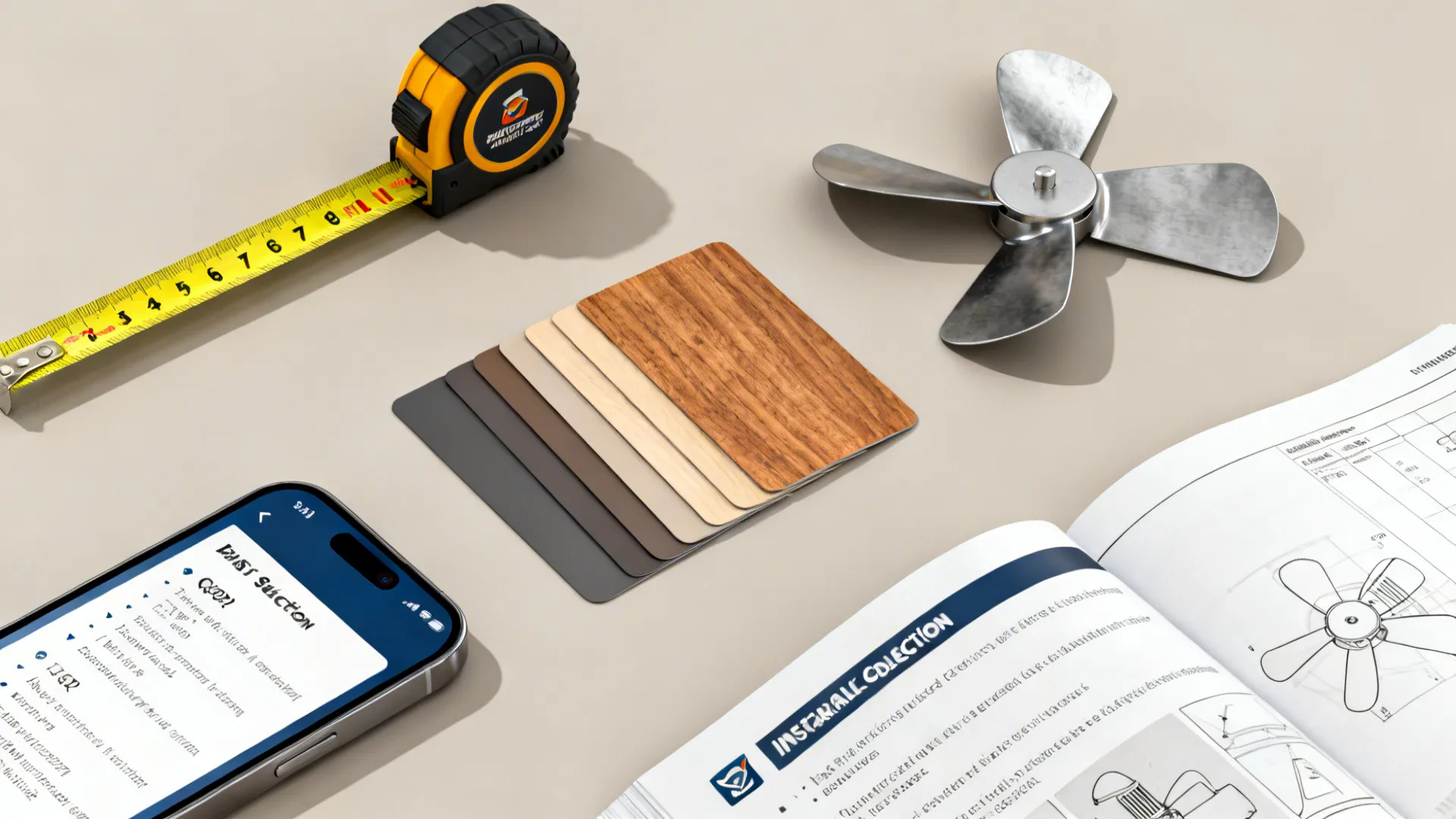 Flatlay of tape measure, blade swatches, smartphone FAQ and installation manual for choosing ceiling fans