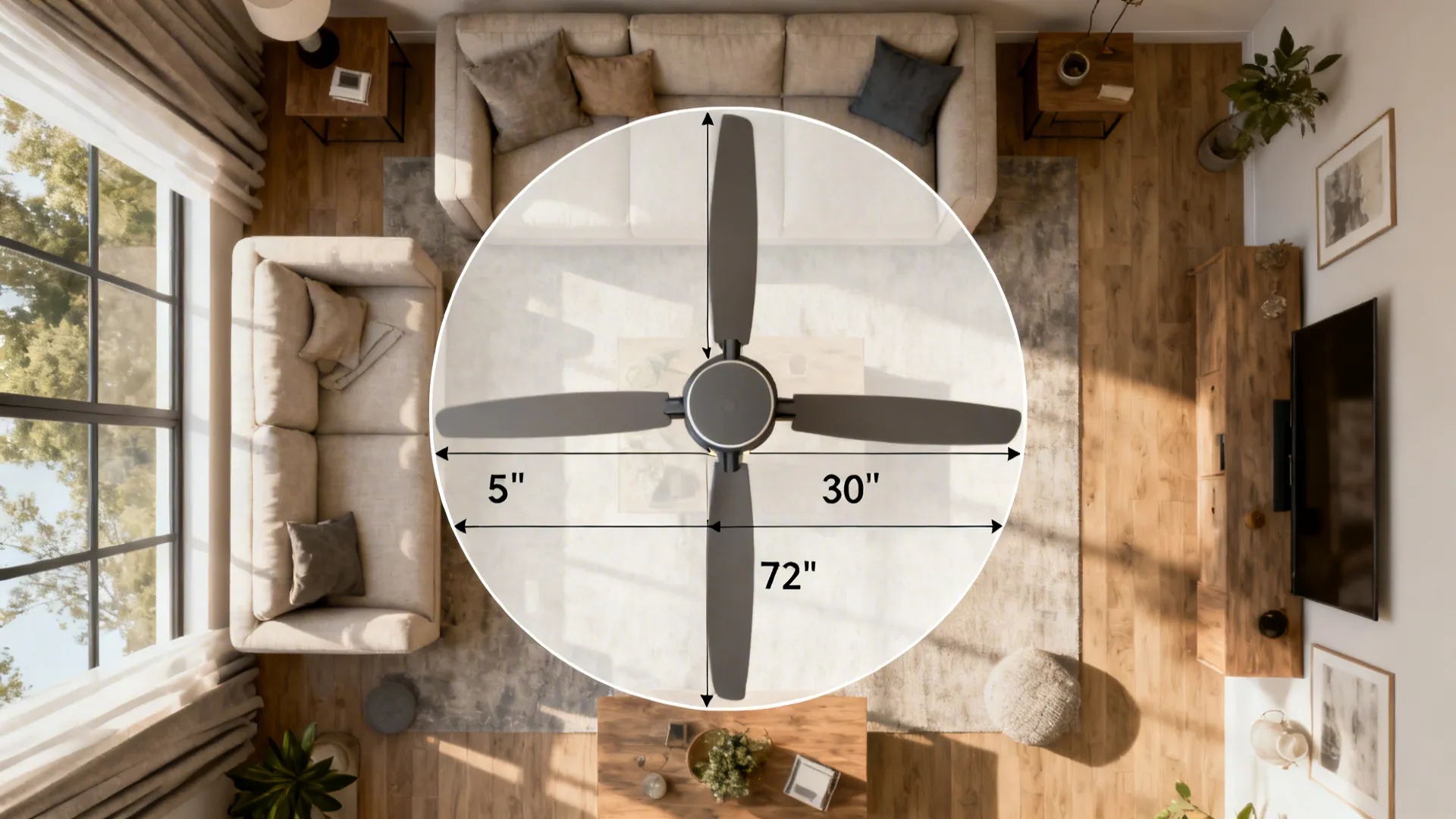 Top-down room mockup showing blade span templates for selecting the right fan size.