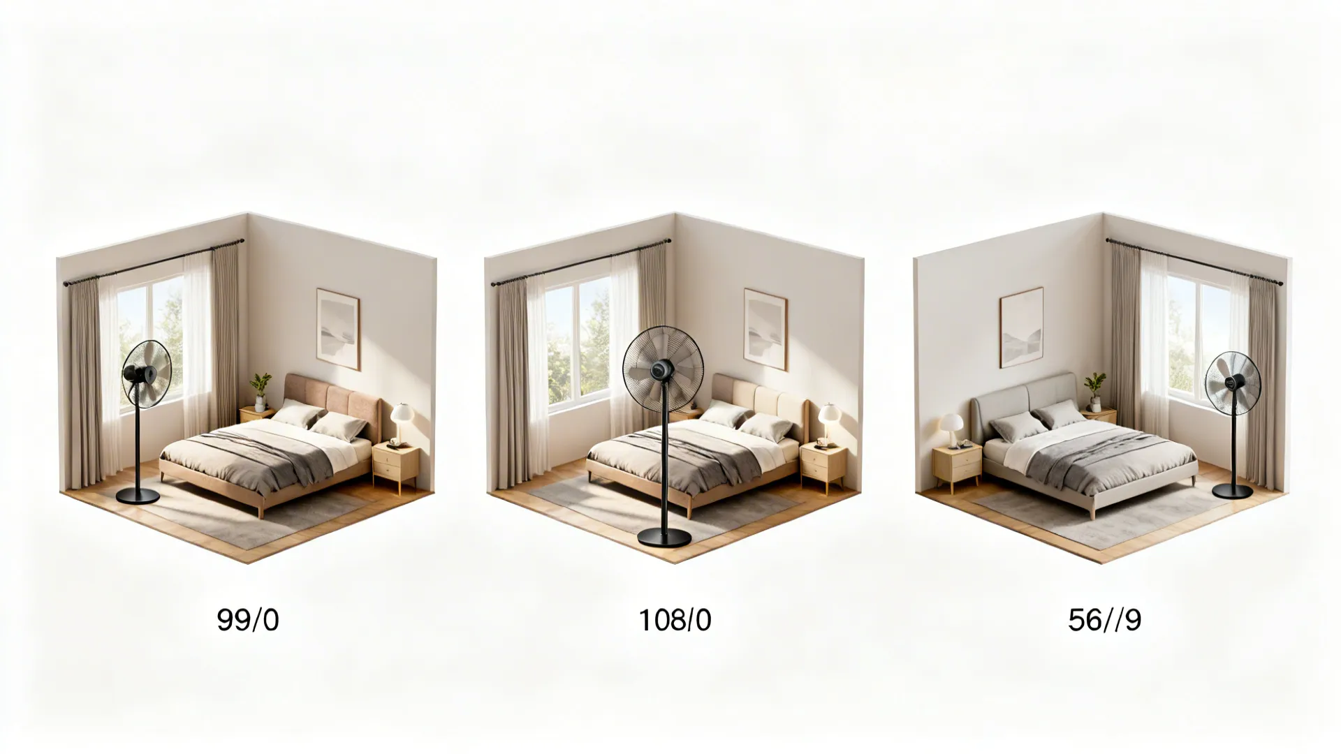 Side-by-side visual comparison of 29-inch, 36-inch, and oversized 56-inch fans in small bedroom layouts.