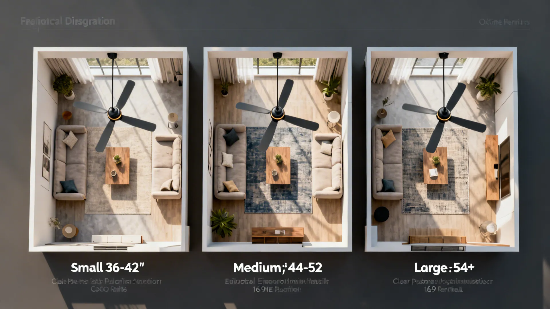 Top-down comparison of small, medium and large living rooms with appropriately scaled ceiling fans