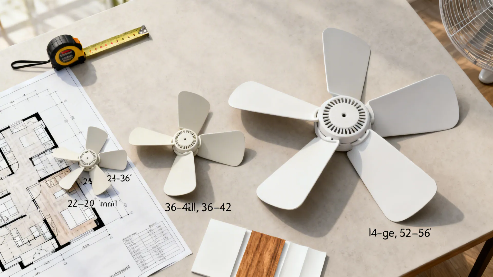 Top-down flatlay of fan blade size samples, tape measure and a floor plan illustrating how blade spans match room area.