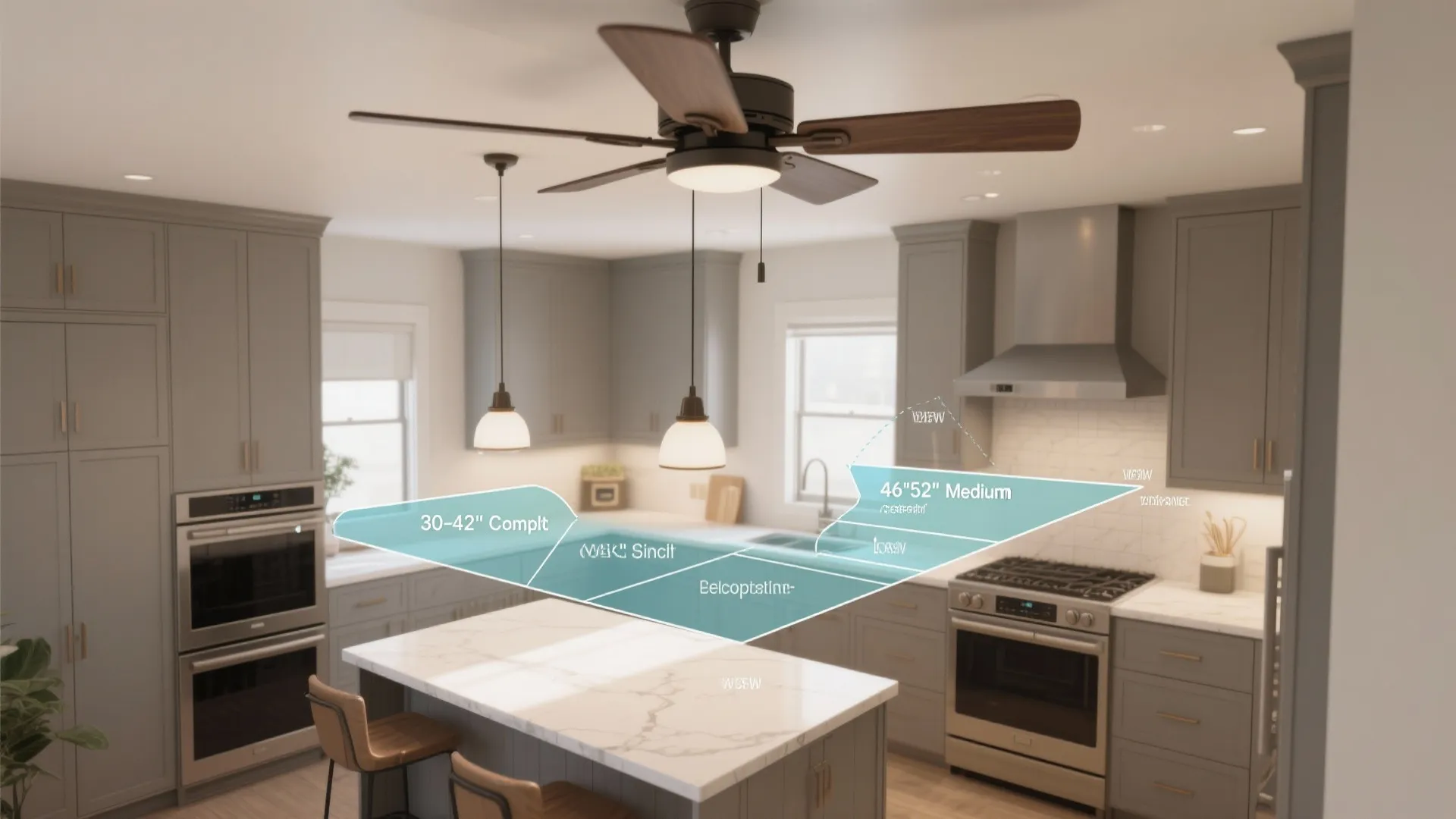 Kitchen design guide showing ceiling fan size measurements over a marble island with grey cabinet layout