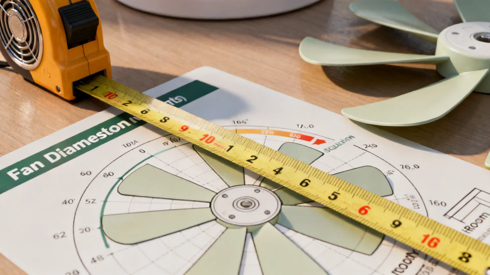 Measuring tape and fan diameter chart showing how to choose fan size