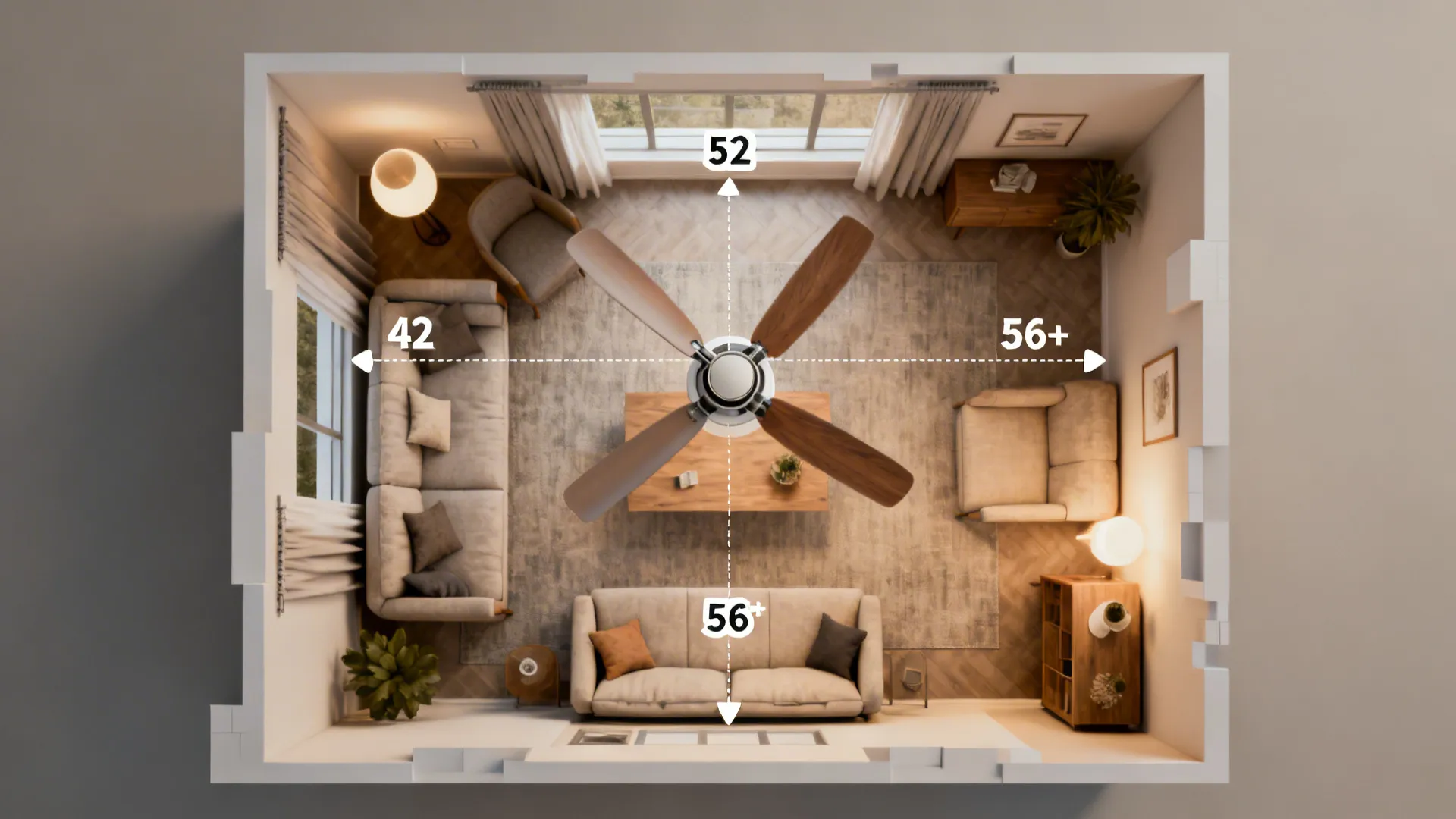 Top-down living room mockup showing recommended fan blade spans and placement guides
