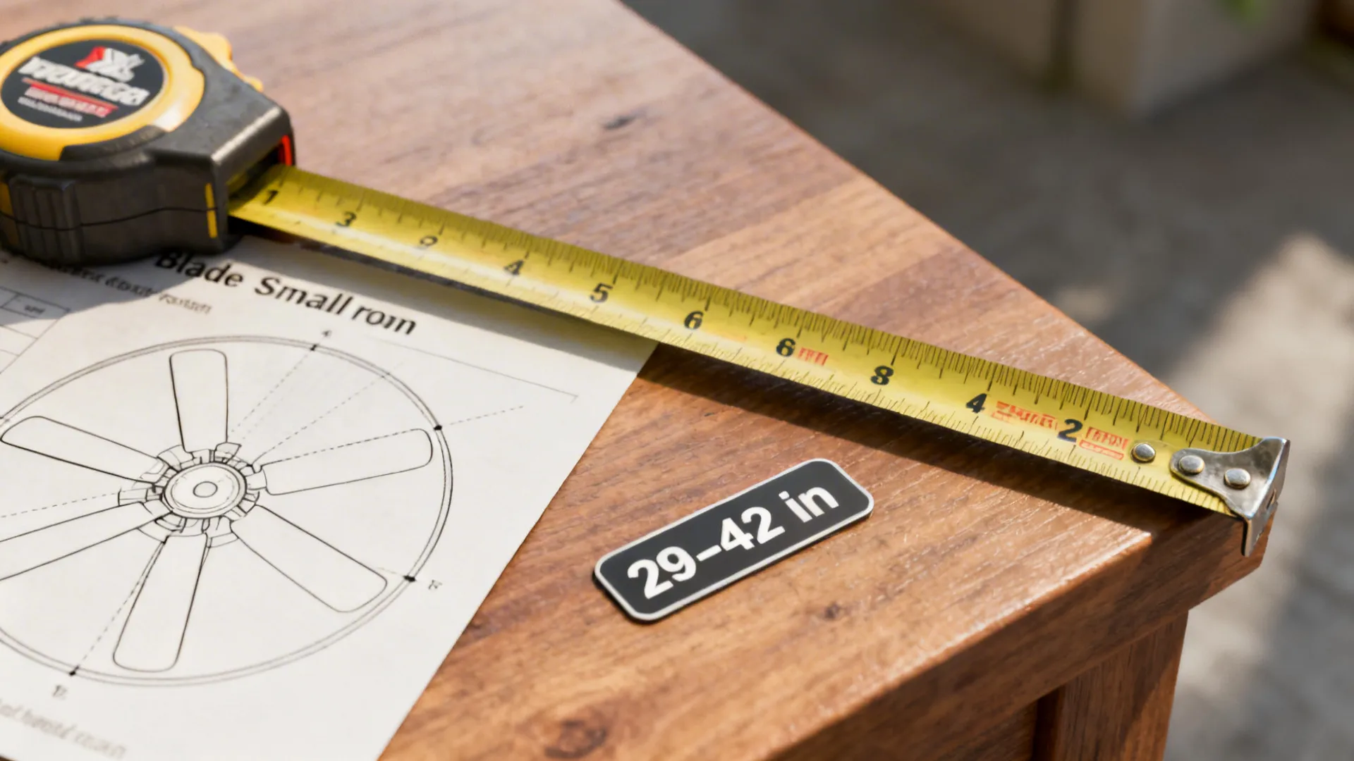 Measuring tape and blade sweep diagram indicating recommended 29–42 inch sizes for small rooms.