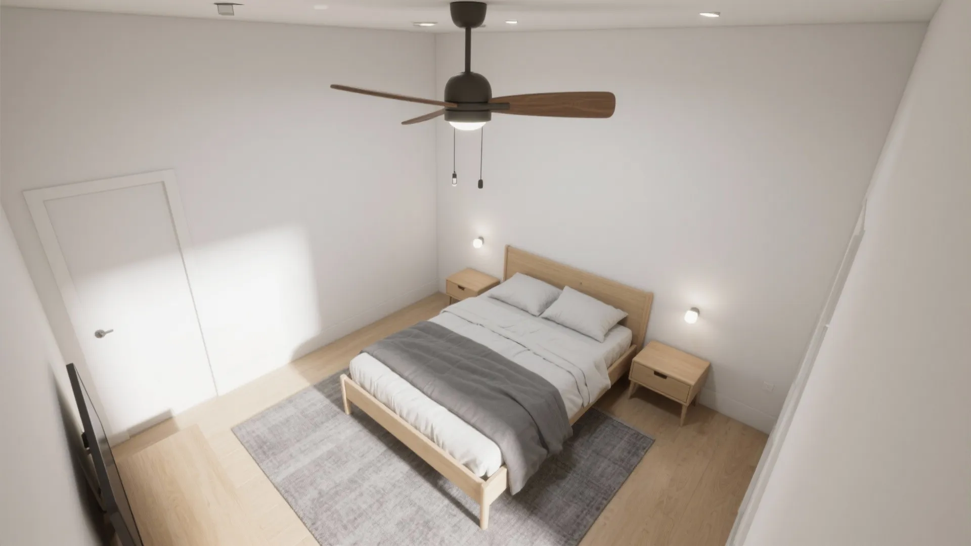 Top down view of bedroom with wooden bed grey rug and brown ceiling light fan