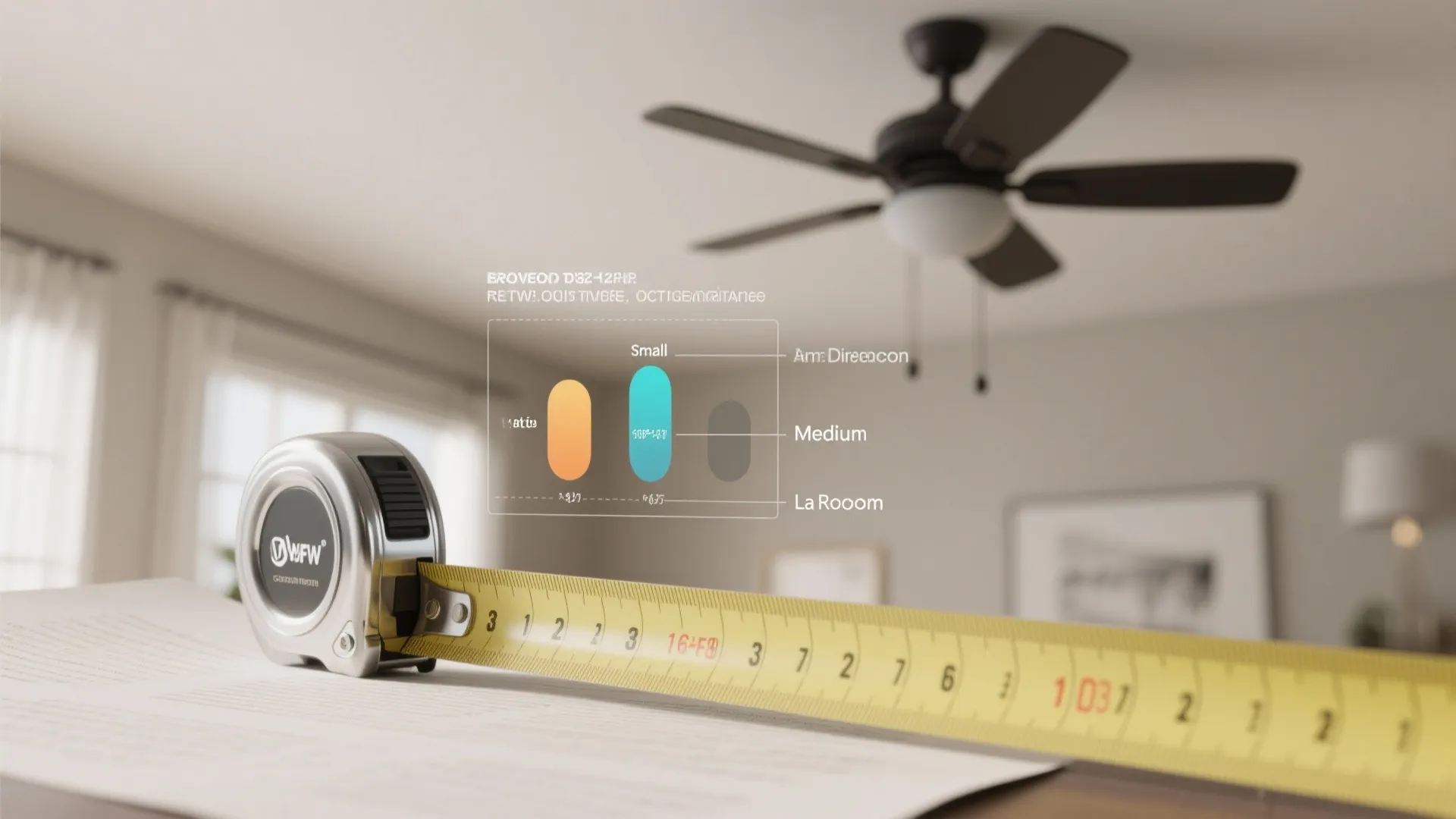 Measuring tape and scale diagram showing recommended ceiling fan diameters for living room sizes