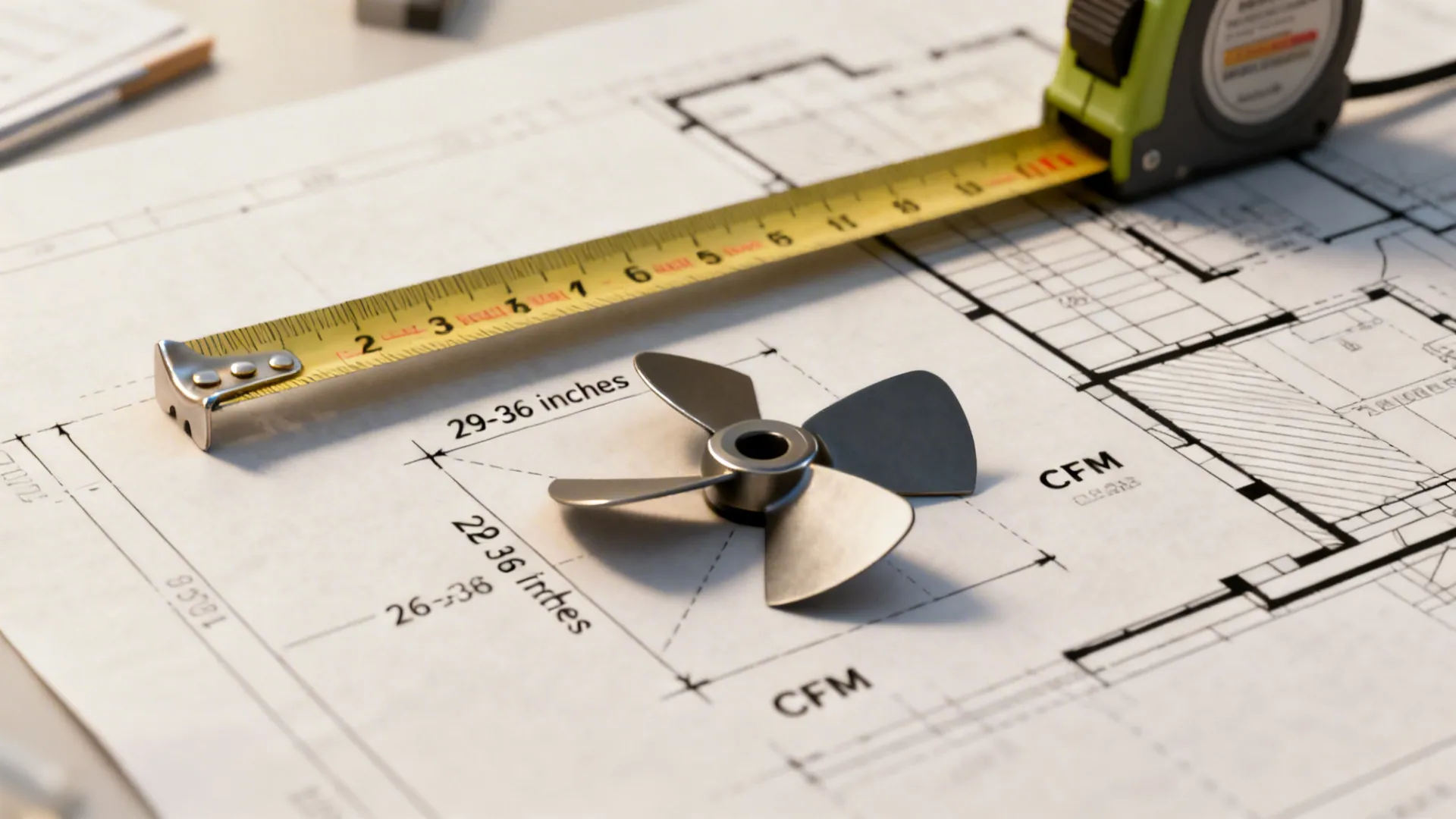 Measuring tape and fan blade sample on a floor plan indicating recommended 29-36 inch blade spans and CFM notes.